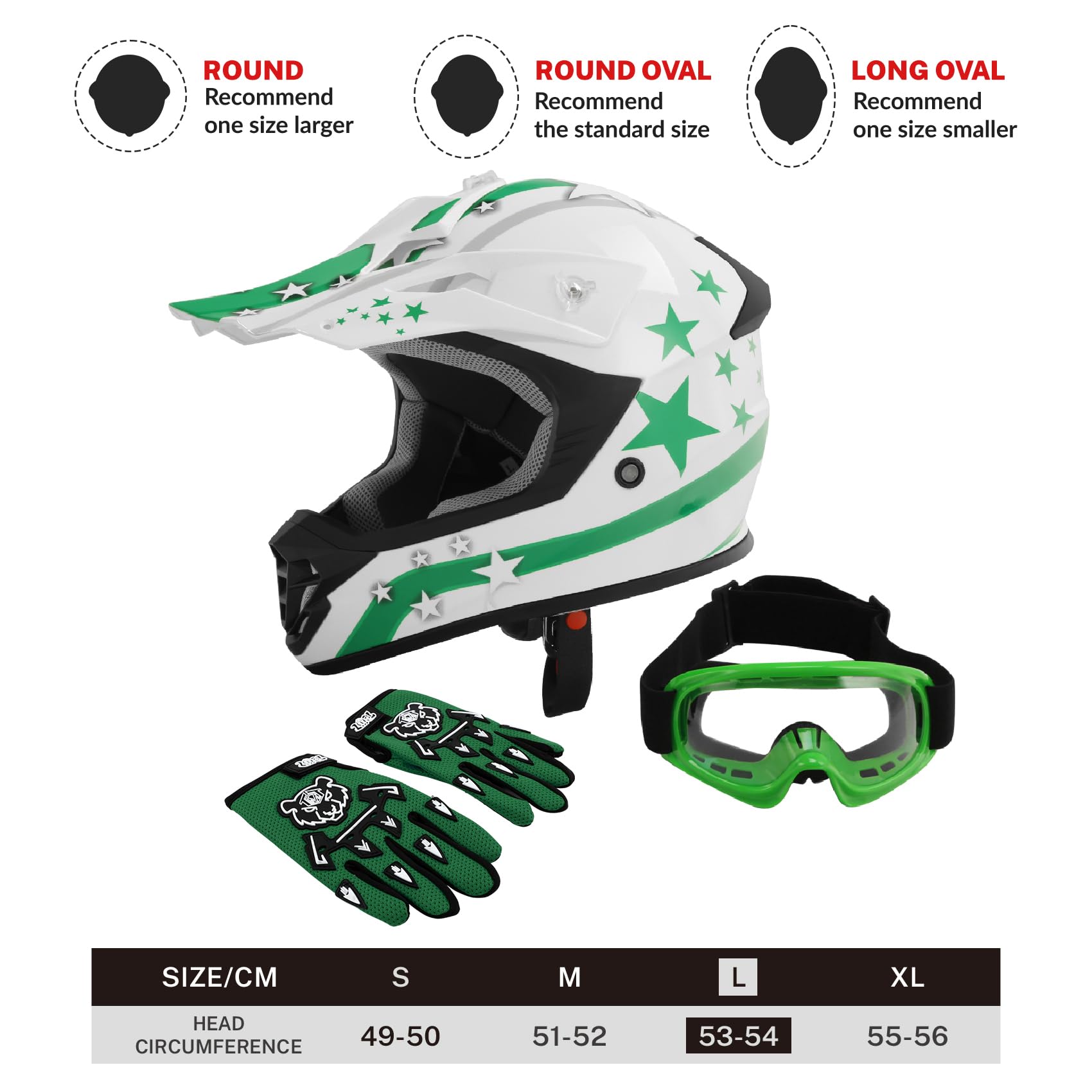 Tct-Motorparts Dot Youth Atv Helmets W/Goggles+Gloves Kids Motocross Offroad Street Dirt Bike Helmet+Gloves+Goggles White W/Green Star Large