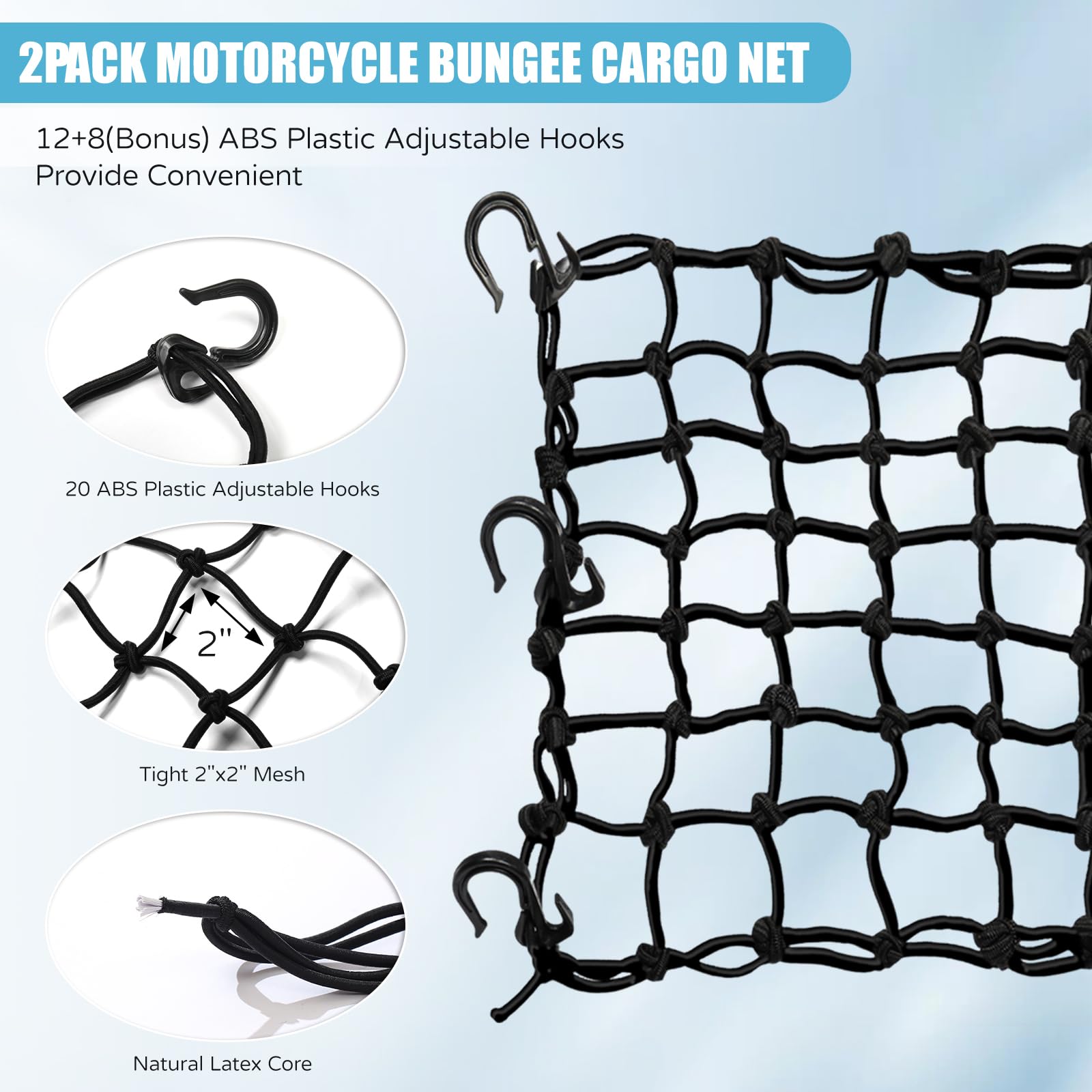 Tkkeuep 2 Pack 15''X15'' Motorcycle Cargo Net Stretches To 30''X30'', 2''X2'' Tight Mesh,Total 20 Hooks, Cargo Nets For Motorcyc