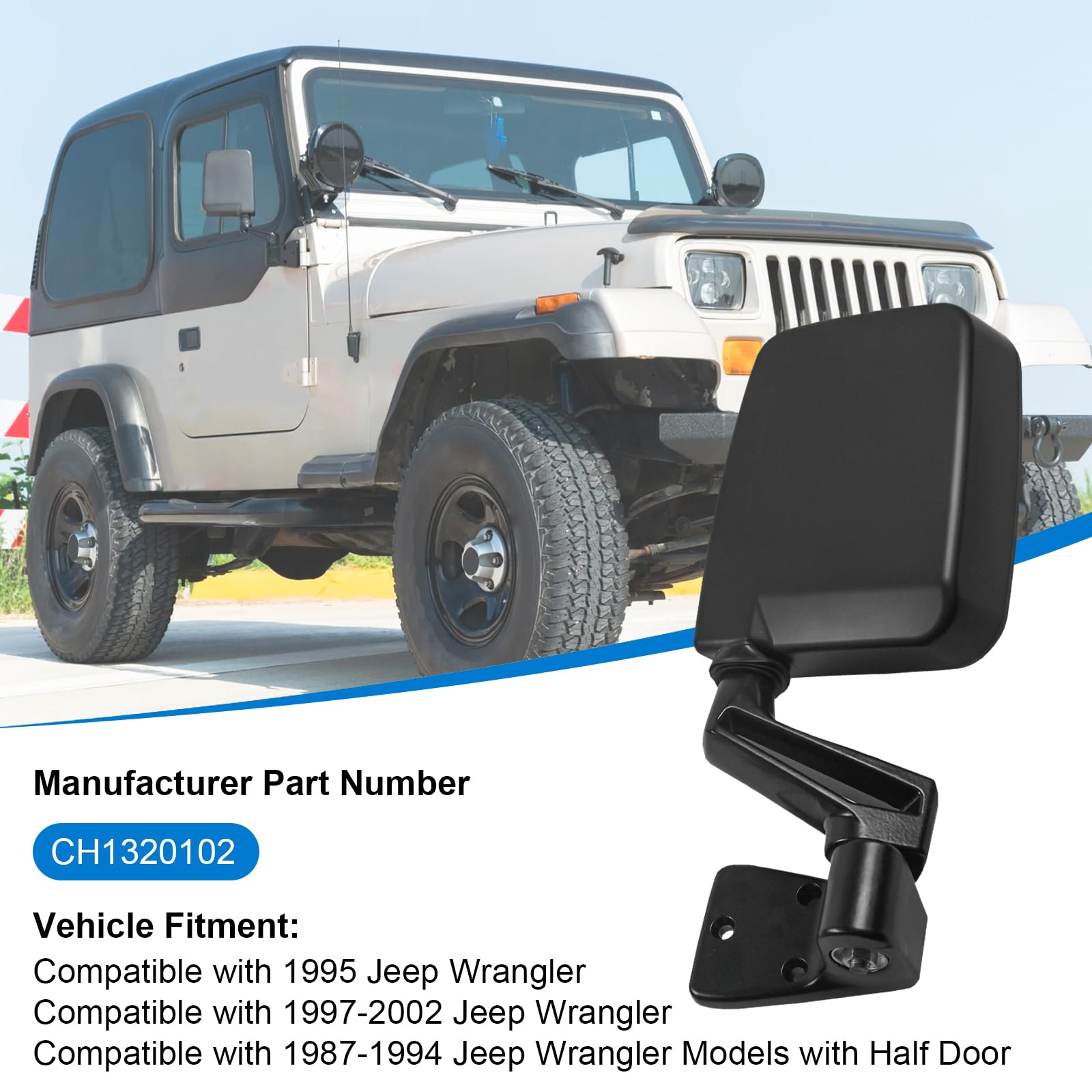 JDMSPEED Driver Side View Mirrors with Black Cover Compatible with 1987-2002 Jeep Wrangler Manual Folding No Heated Replace# CH1