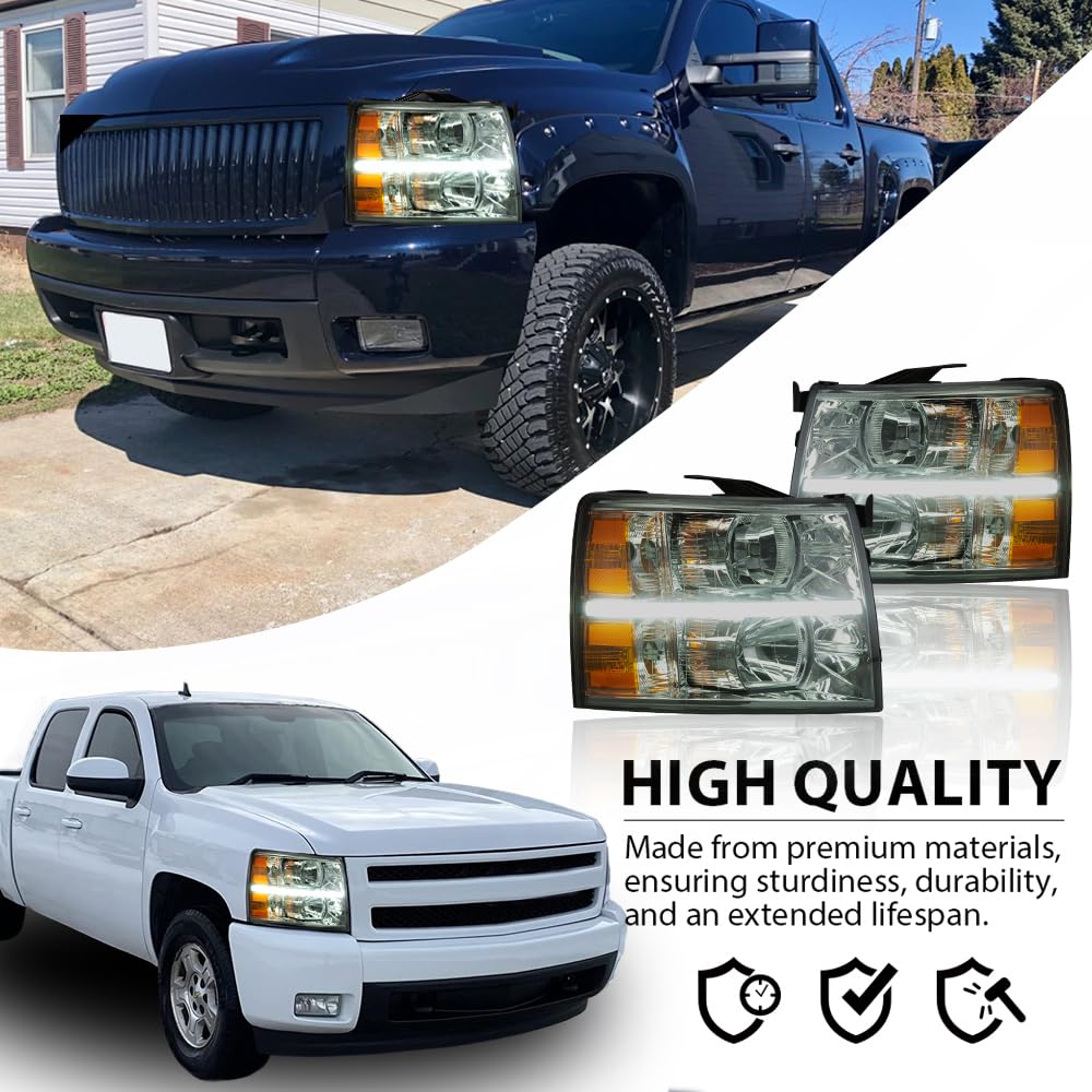 Cheda Led Drl Strip Headlights Compatible With 2007-2013 Chevy Silverado 1500 2500 3500 & Hd (Smoky Lens Chrome Housing Amber Re