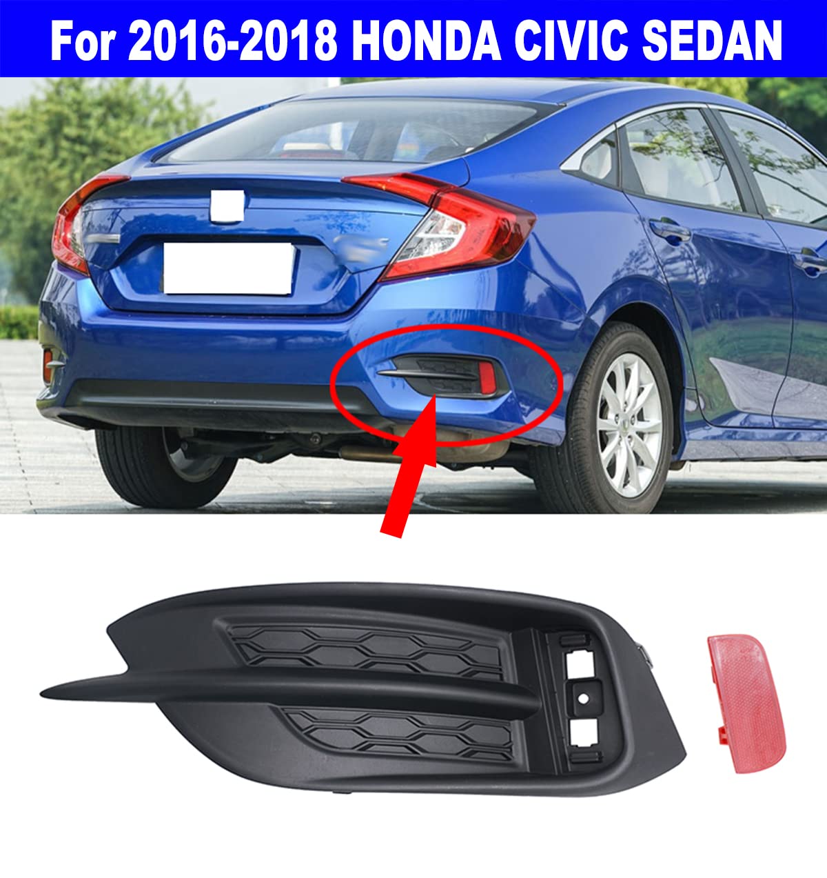 N/D Replacement Rear Bumper Reflector & Grille Bezel for 2016-2021 Honda Civic Sedan, Red and Black