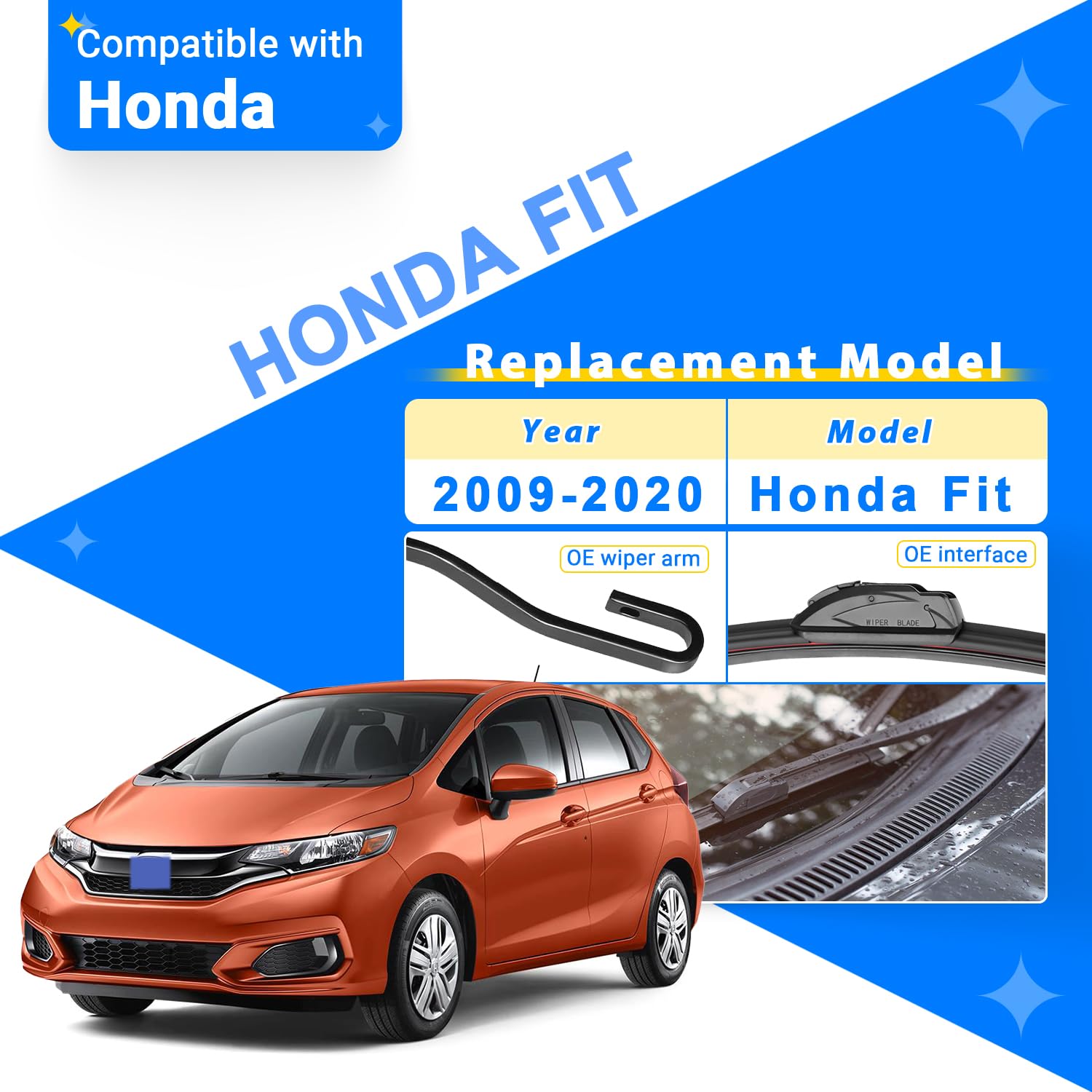 Raintok Windshield Wiper Blades Replacement For 2009-2020 Honda Fit Original Factory Quality Front Rear Wipers Blade Set For My