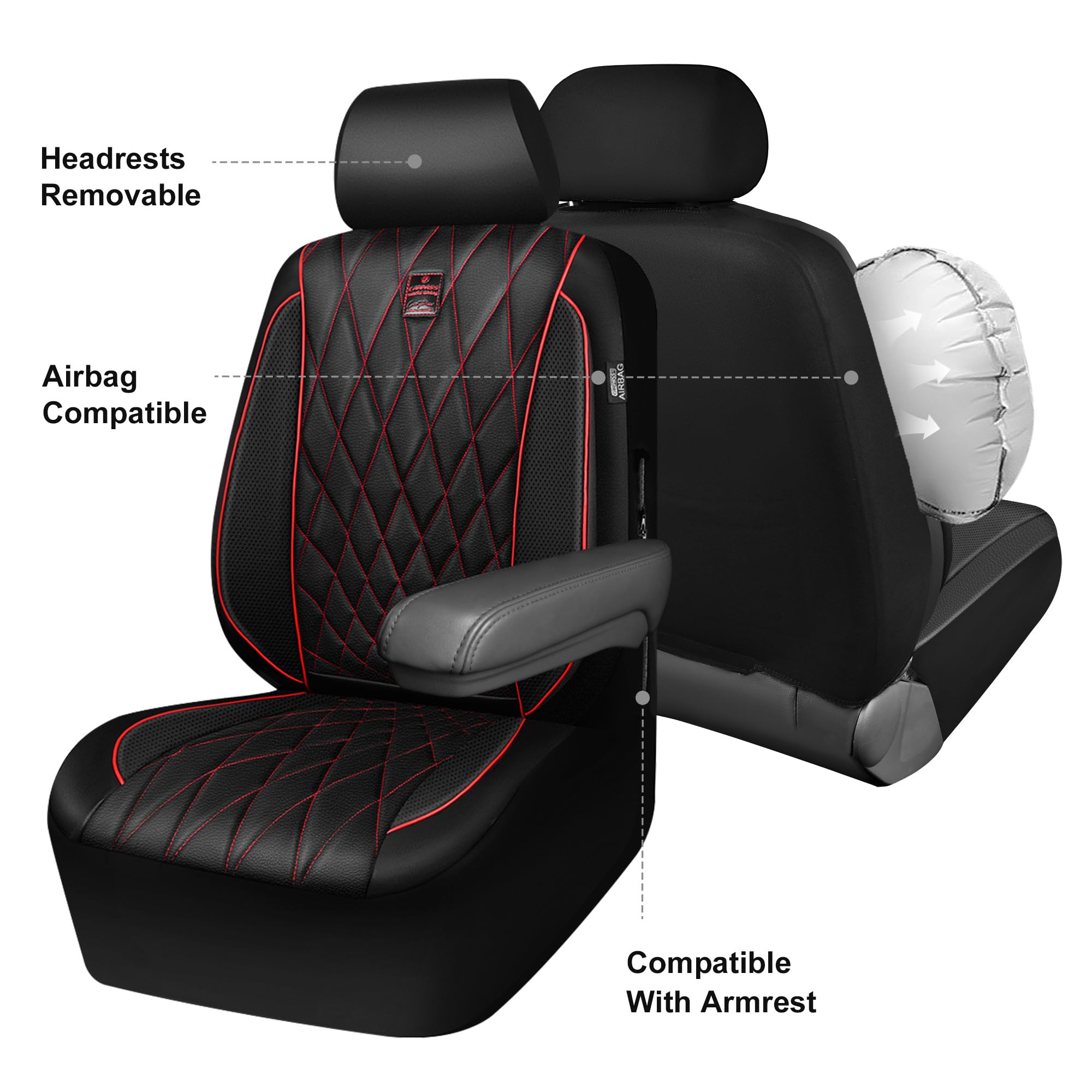 Car Pass Piping Luxury Leather Seat Covers Full Set,5 Seats Anti-Slip Waterproof Seat Covers Compatible With Front Armrests,Univ