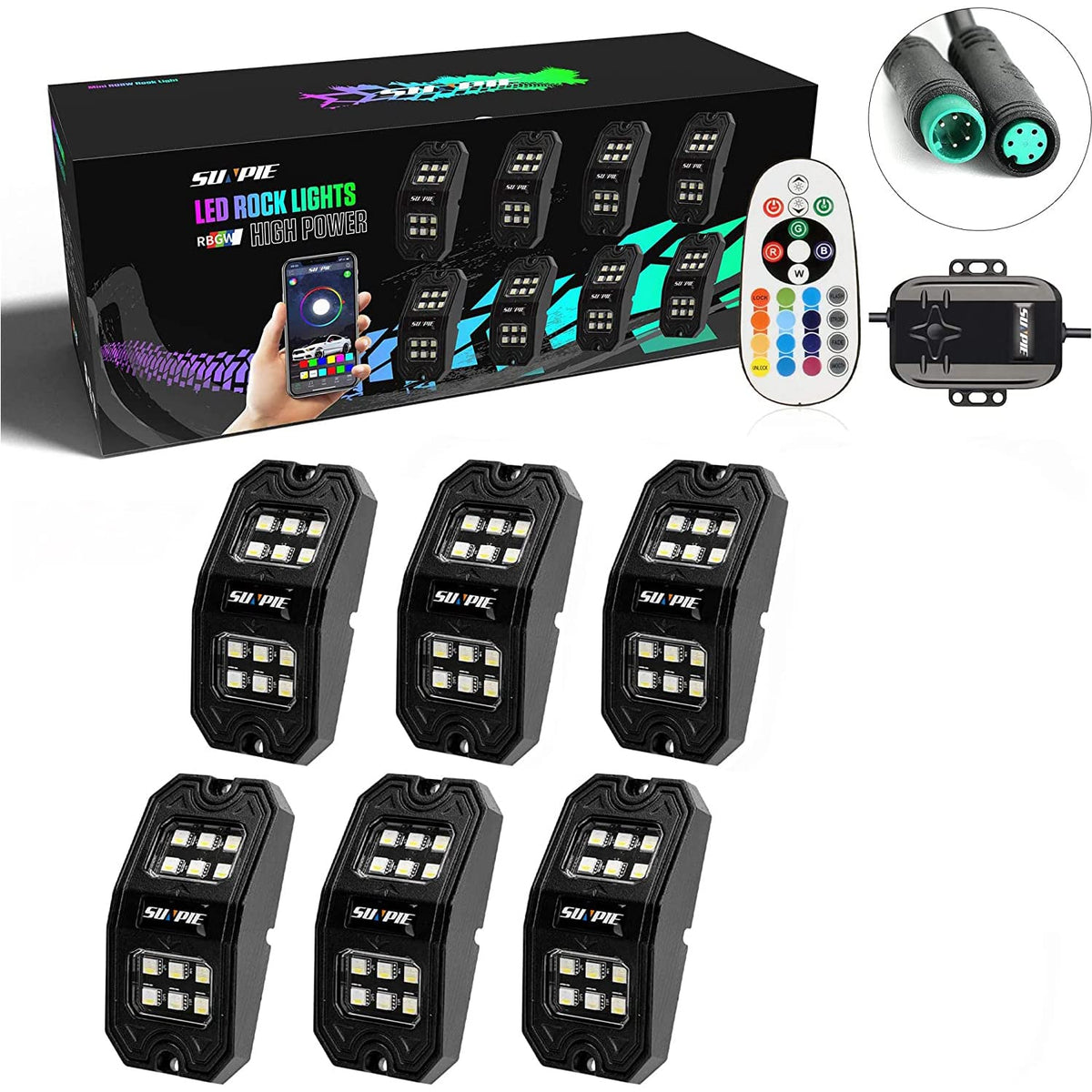 Sunpie 4 Pods Upgraded 210 Degrees Wide Angle Rgbw Rock Lights App/Voice Mode Music Mode Automatic Control Neon Light Kit Wheel