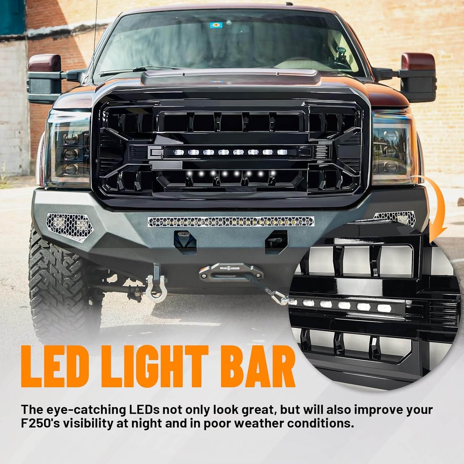 MEGAIE Front Grill Compatible with 2011-2016 F250 F350 F450 F550 Super Duty, Glossy Black Bumper Grille Guard w/Off-Road Lights