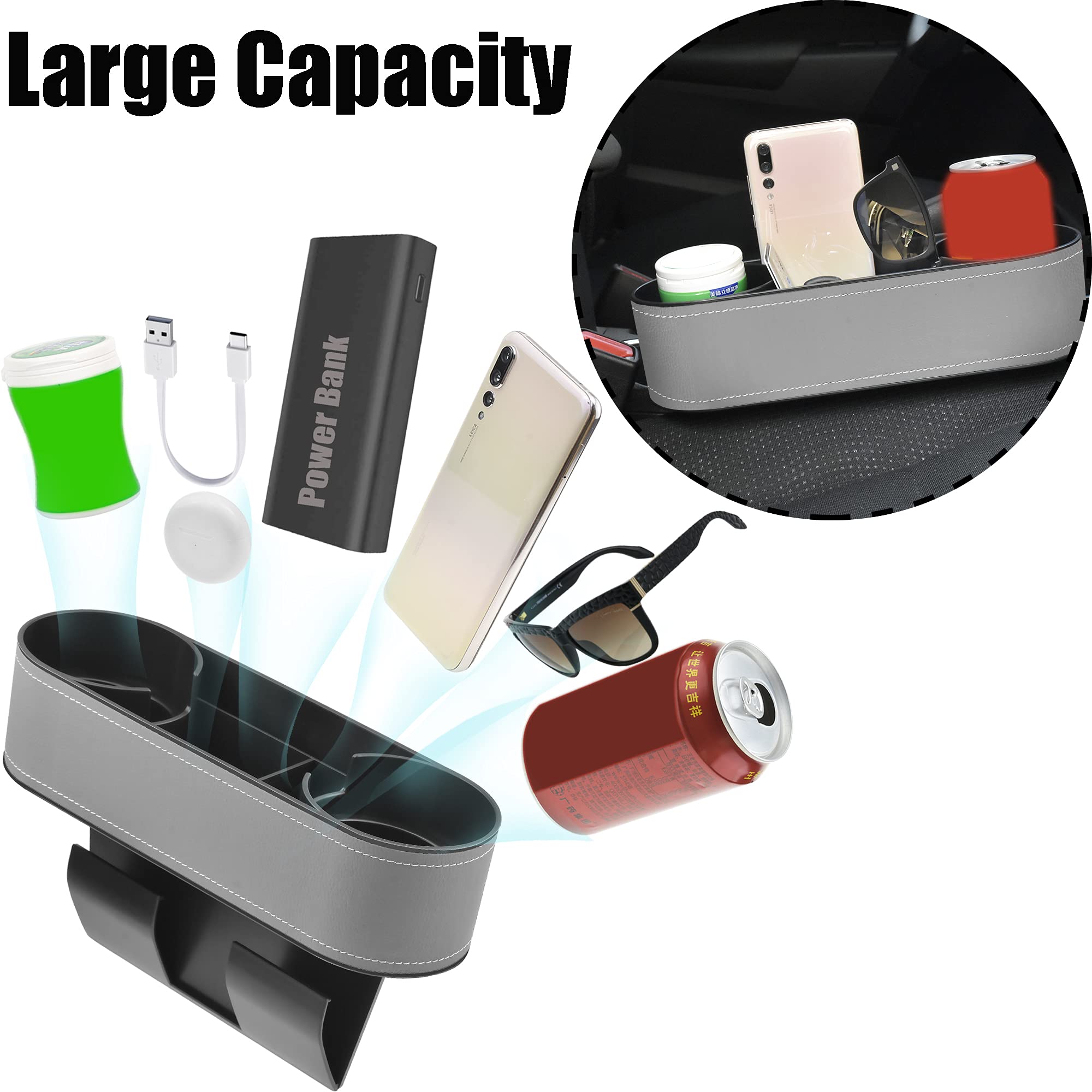 Iokone Coin Side Pocket Console Side Pocket Leather Cover Car Cup Holder Auto Front Seat Organizer Cell Mobile Phone Holder (Sli