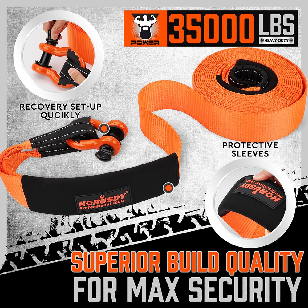 Horusdy Nylon Heavy Duty Tow Strap Recovery Strap With Hooks 3'' X 30Ft - 35,000 Lbs Break Strength, 3/4 D Ring Shackles (2Pcs),