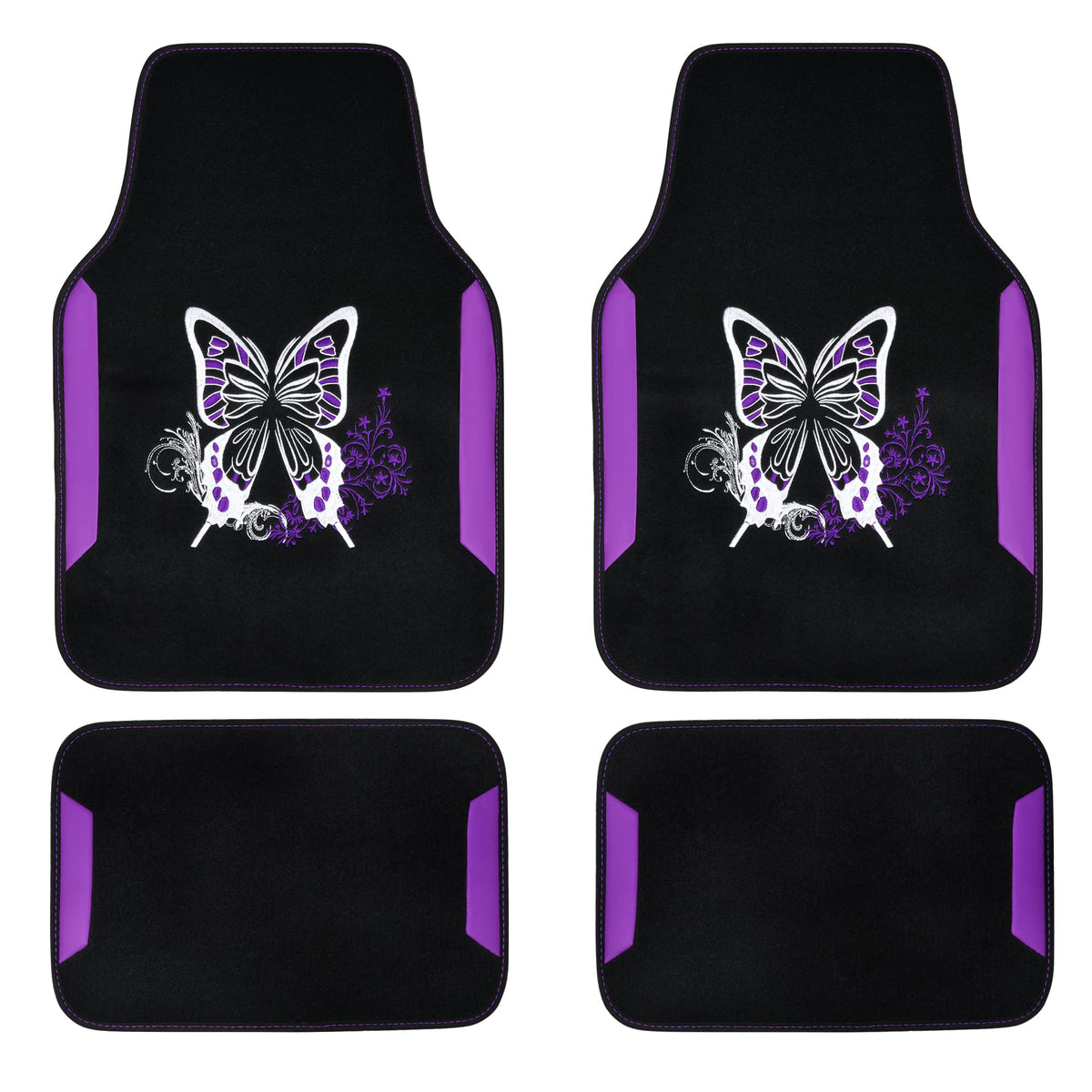 Car Pass Embroidery Butterfly Leather Car Floor Mats, Purple Carpet Floor Mats With Heel Pad For Cute Women Girl, Universal Fit