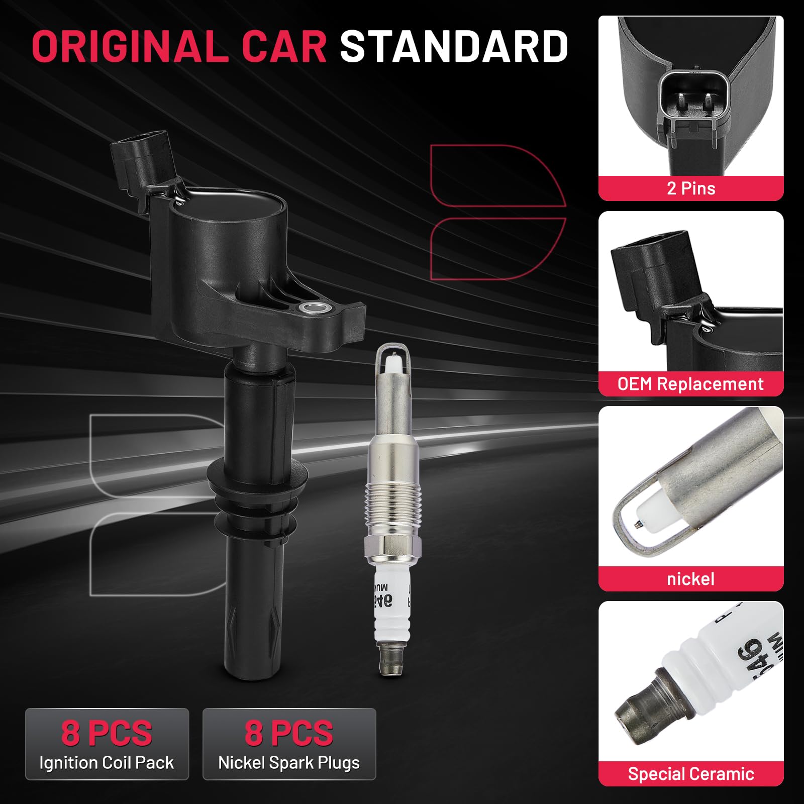 Bdfhyk Ignition Coils Dg511 & Sp515 Sp546 Spark Plugs Compatible With Lincoln Expedition F150 F250 V8 5.4L Engine, Sets Of 8