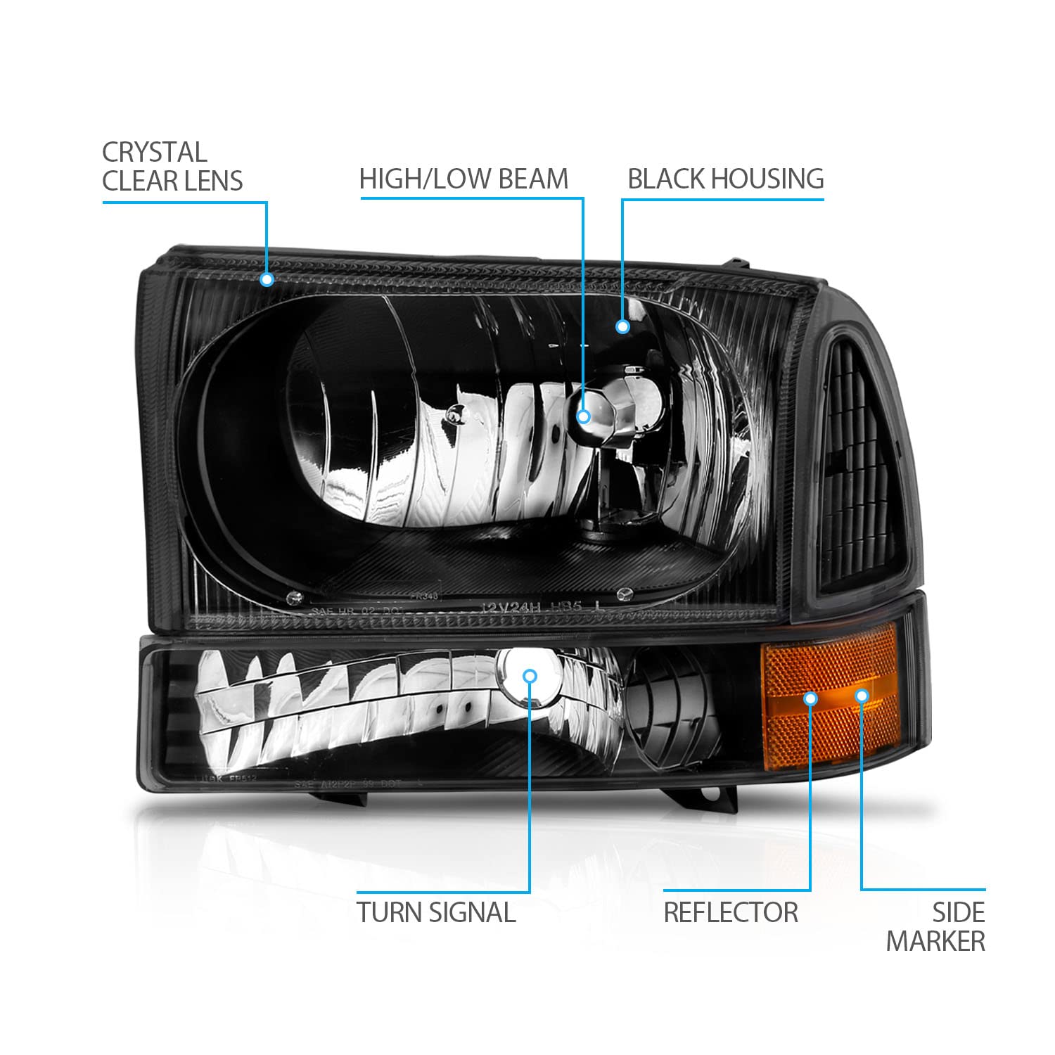 Amerilite For 1999-2004 Ford Super Duty F250 F350 F450 F550 | Excursion Black Factory Style Replacement Headlights W/Corner Bump