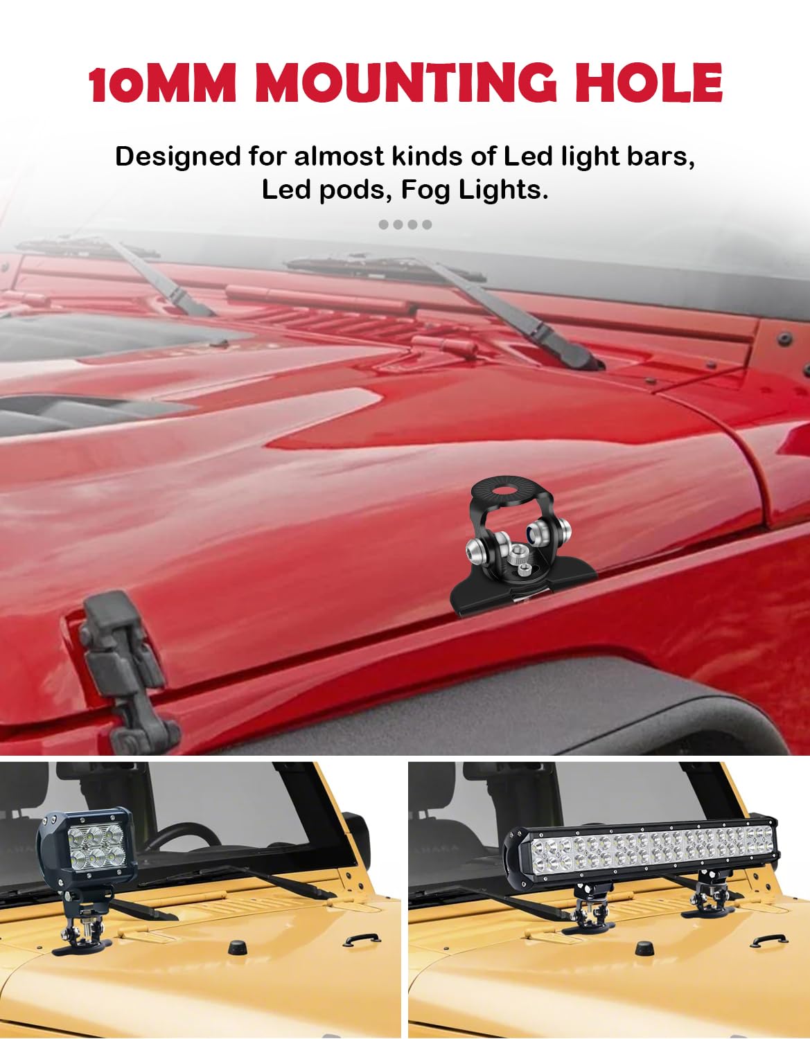 Northyun Led Hood Mounts, Universal Led Light Bar Mounting Brackets 304 Stainless Steel Hood Clamp Lights Mounts, Black