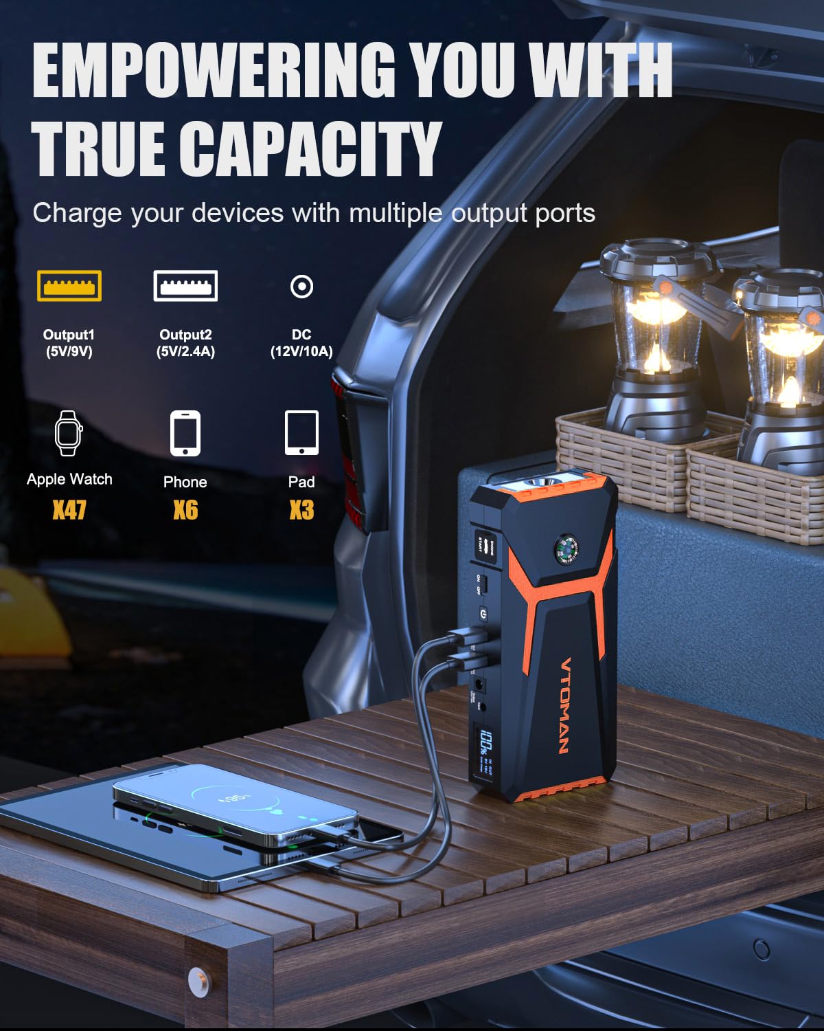 Vtoman V8 Jump Starter, 2000A Peak Battery Car Jump Starters For Up To 8L Gas And 6L Diesel Engines, Lcd Display Portable 12V Au