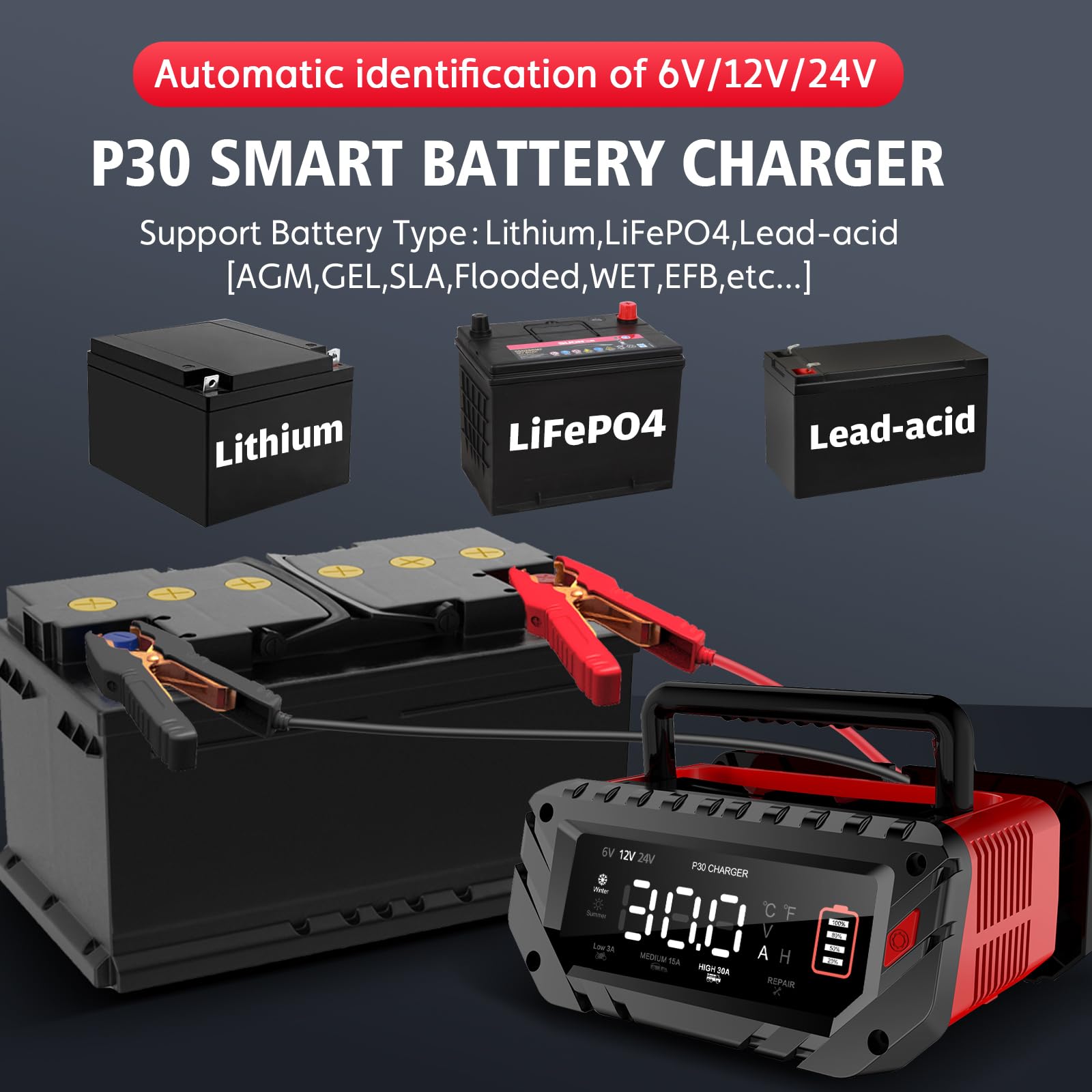 30 Amp Lithium Battery Charger,6V10A/12V30A/24V16A Lifepo4,Lead-Acid(Agm/Gel/Sla..) Smart Car Battery Charger,Battery Maintainer