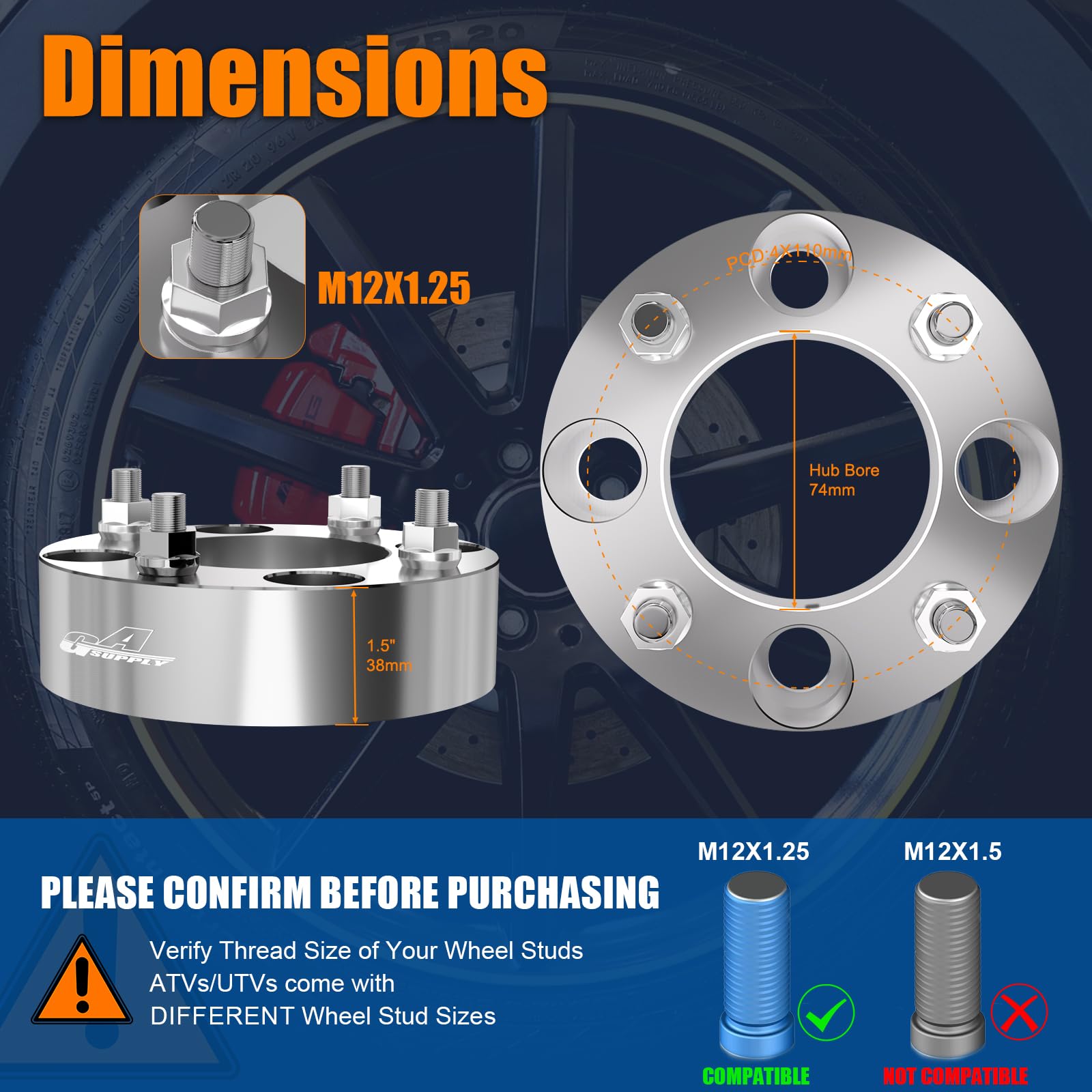 Gasupply Atv Wheel Spacers 4X110, Compatible With Cfmoto, Segway, Yamaha, 1.5'' 38Mm Wheel Spacer Adapters Black 74Mm Hub Bore W