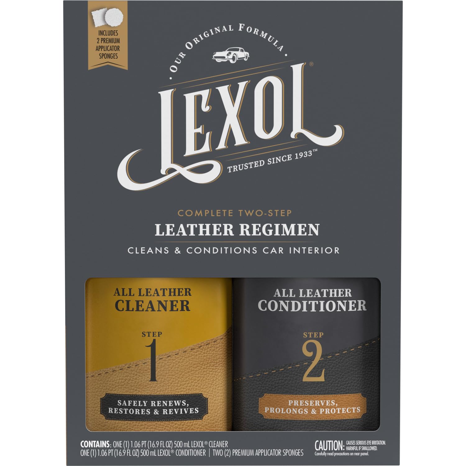 Lexol Leather Care Kit - Conditioner & Cleaner for Car Leather, Furniture, Shoes & Accessories, 16.9 oz Black Bottles with 2 Sponges