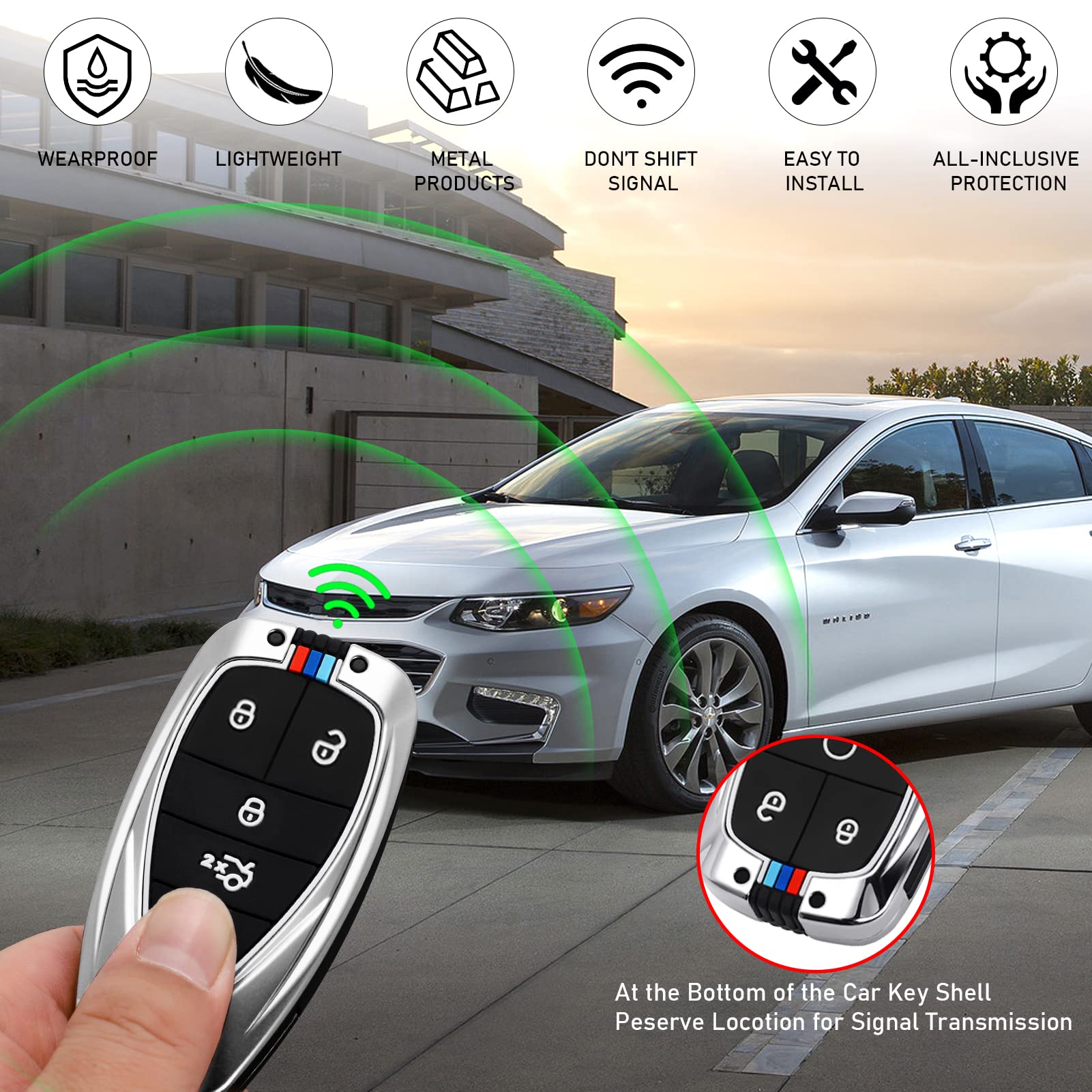 Moonlinks Key Fob Cover 5 Button Compatible With 2016-2022 Chevy Malibu Camaro Cruze Traverse Sonic Volt Bolt Equinox,Metal Silver Key Case & Silicone Key Cover With Keychain Key Protector Shell