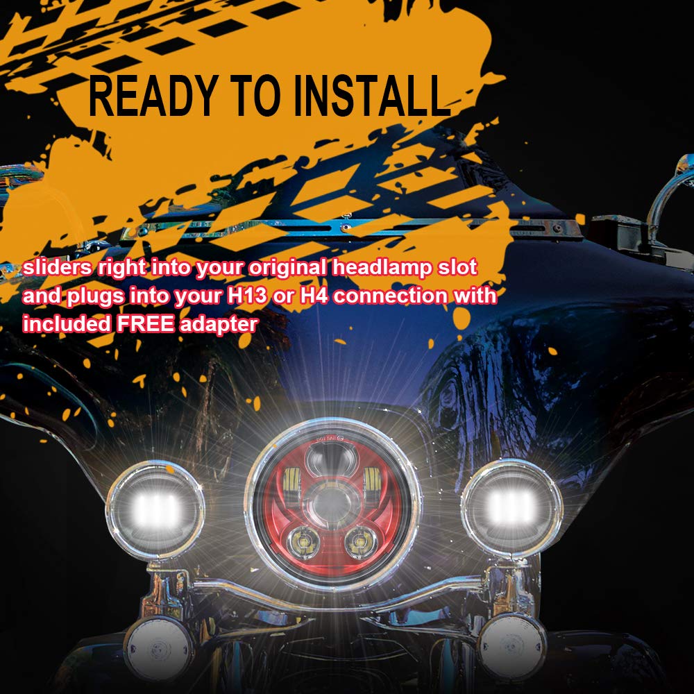 Atubeix 5-3/4 5.75' Led Motorcycle For Iron 883 Dyna Sportster Low Rider Triple Wide Glide Projector Driving Lamp 1 Pcs (Red)