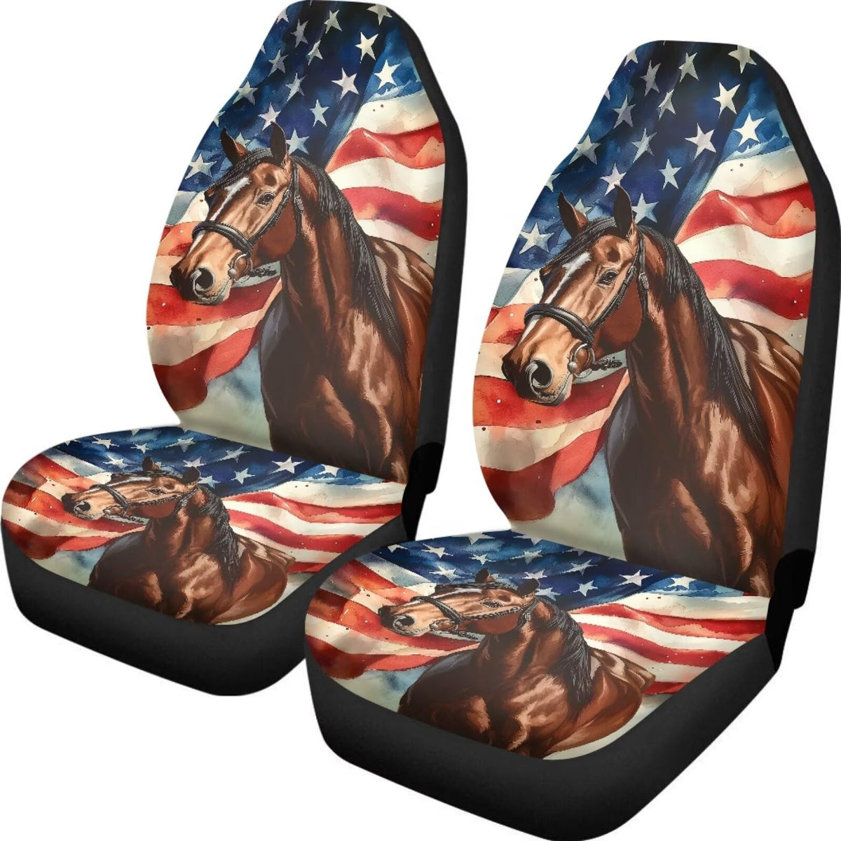 UNICEU American Flag Horse Car Seat Covers Set of 2,Universal Fit Auto Seat Cover Only Front Seats High Back Bucket Seats Mat 4t