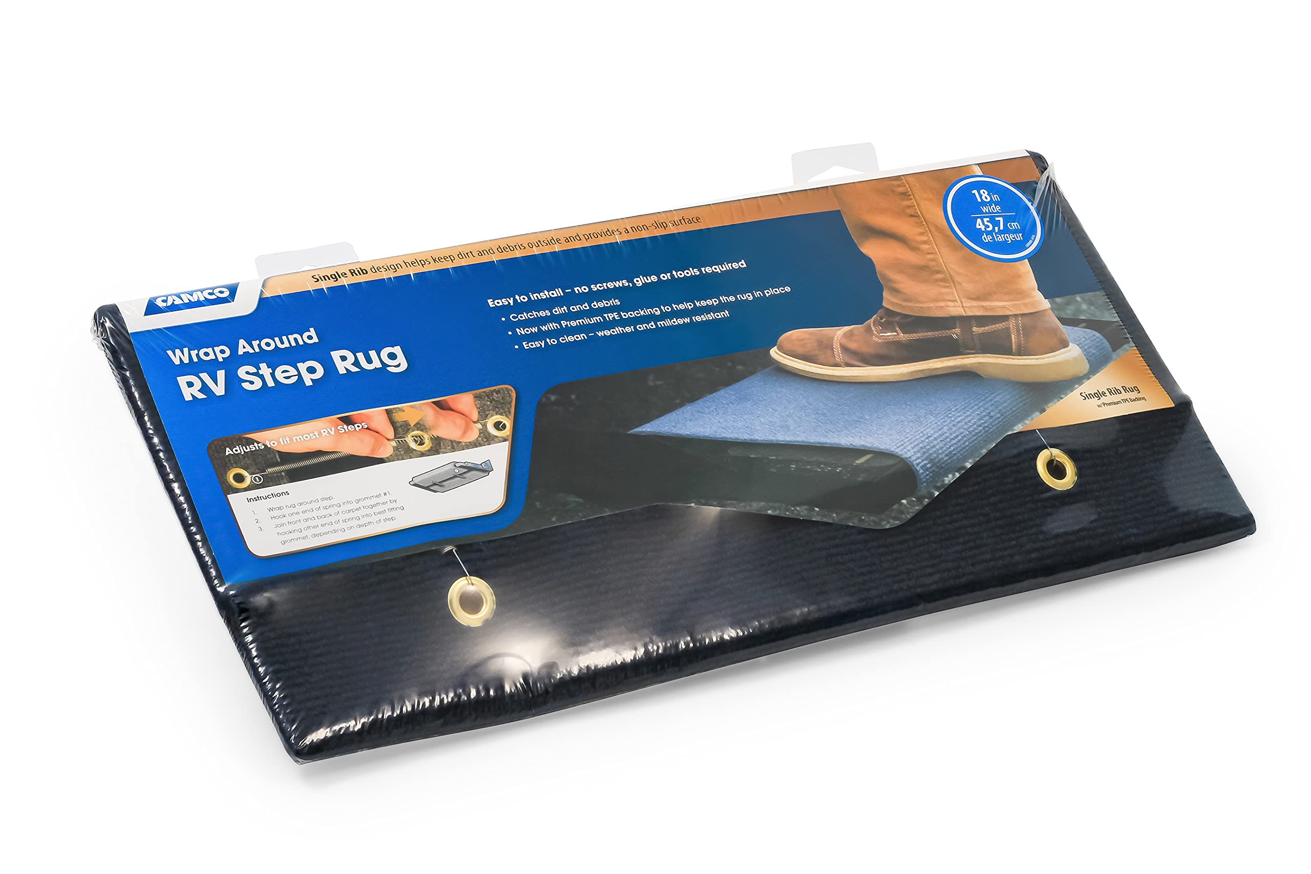 Camco 42905 Blue Premium Wrap Around Rv Step Rug (100% Polyester (17.5'' X 18''))