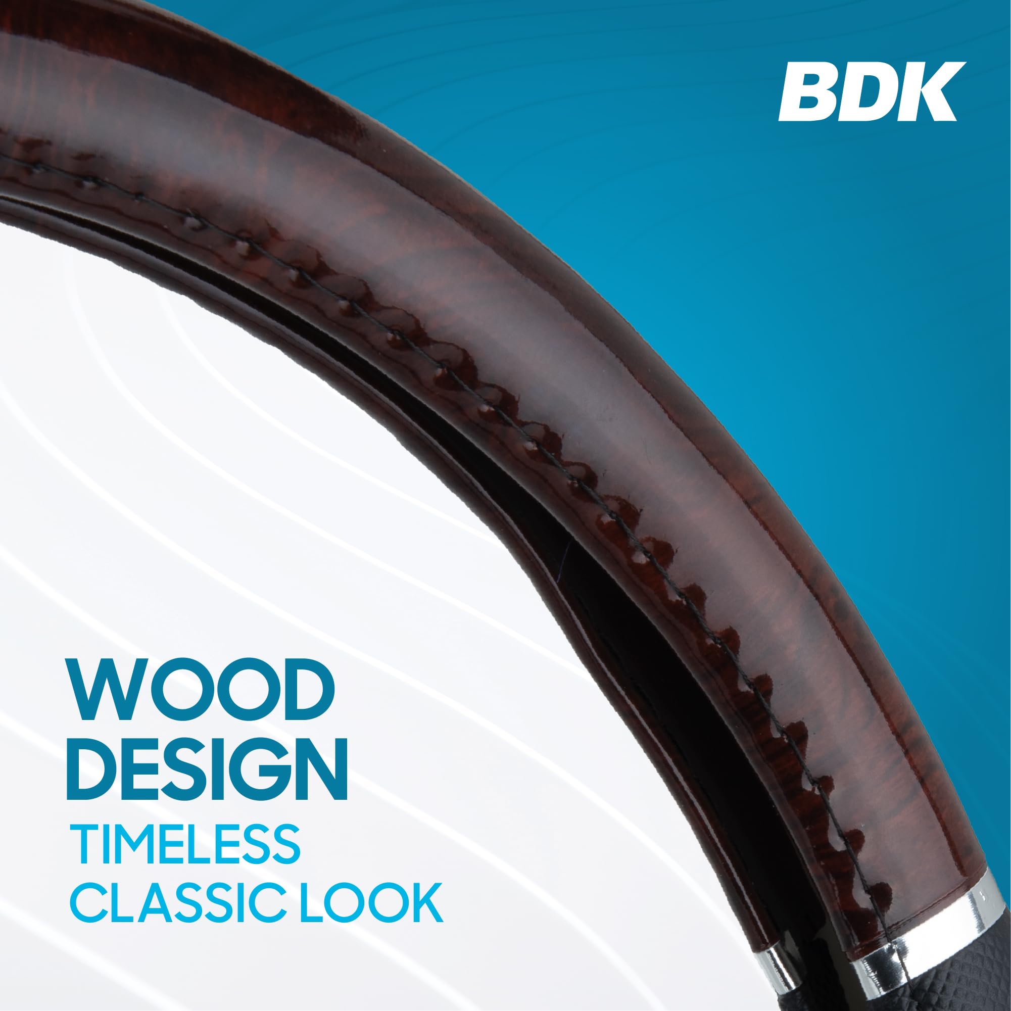 BDK Dark Wood Grain Car Steering Wheel Cover, Standard 15 inch with Black Faux Leather Grip, Made to Fit Most Auto Truck Van SUV