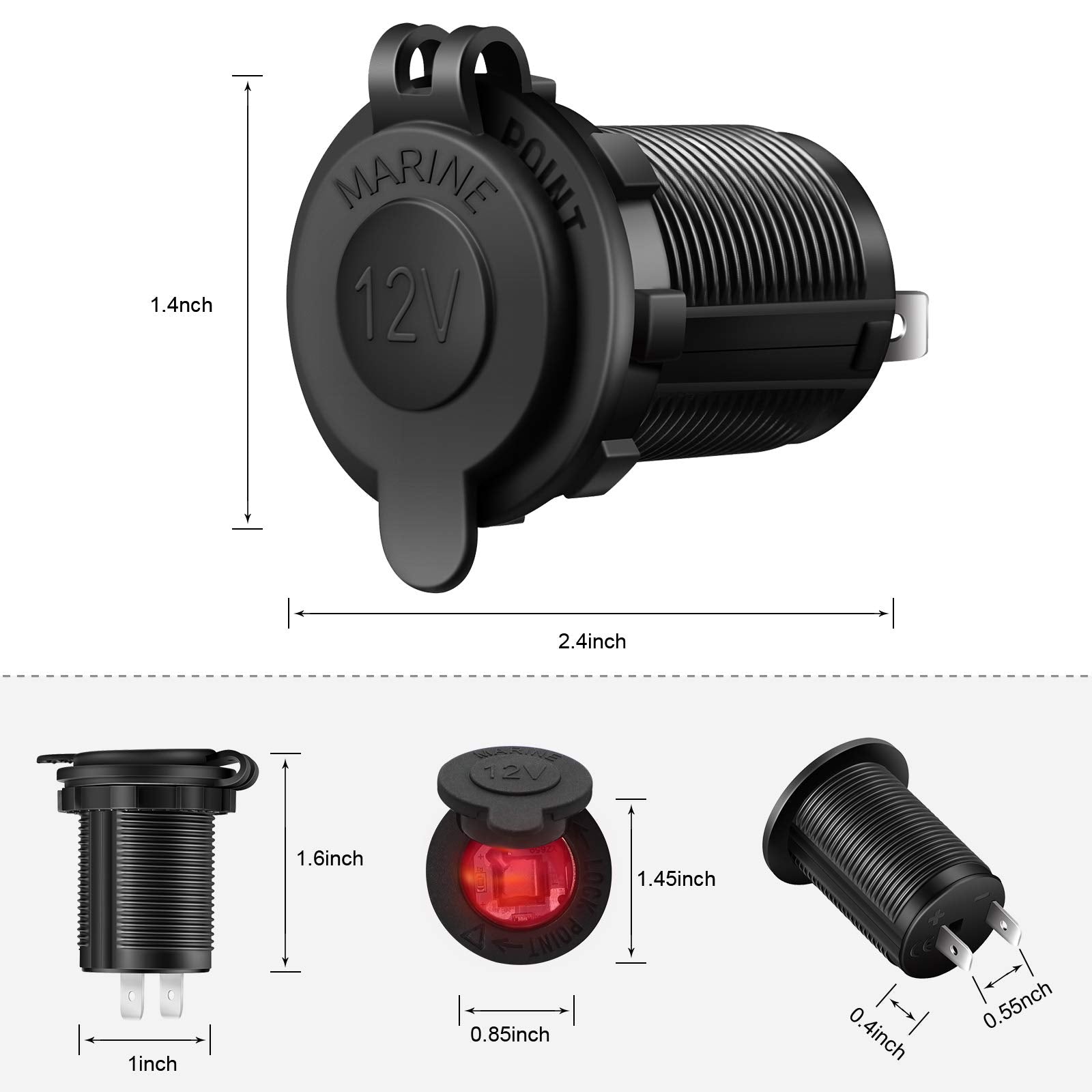 Cigarette Lighter Socket Car Marine Motorcycle Atv Rv Lighter Socket Power Outlet Socket Receptacle 12V Waterproof Plug (Led Red