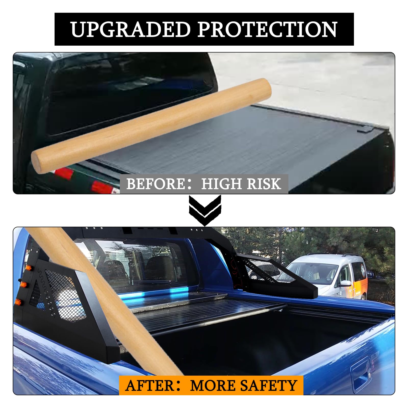 OUKIDR Universal Adjustable Truck Bed Chase Rack Roll Bar with 6X Amber Side Marker Lamps, Chase Rack Roll Bar for Full Size Pic