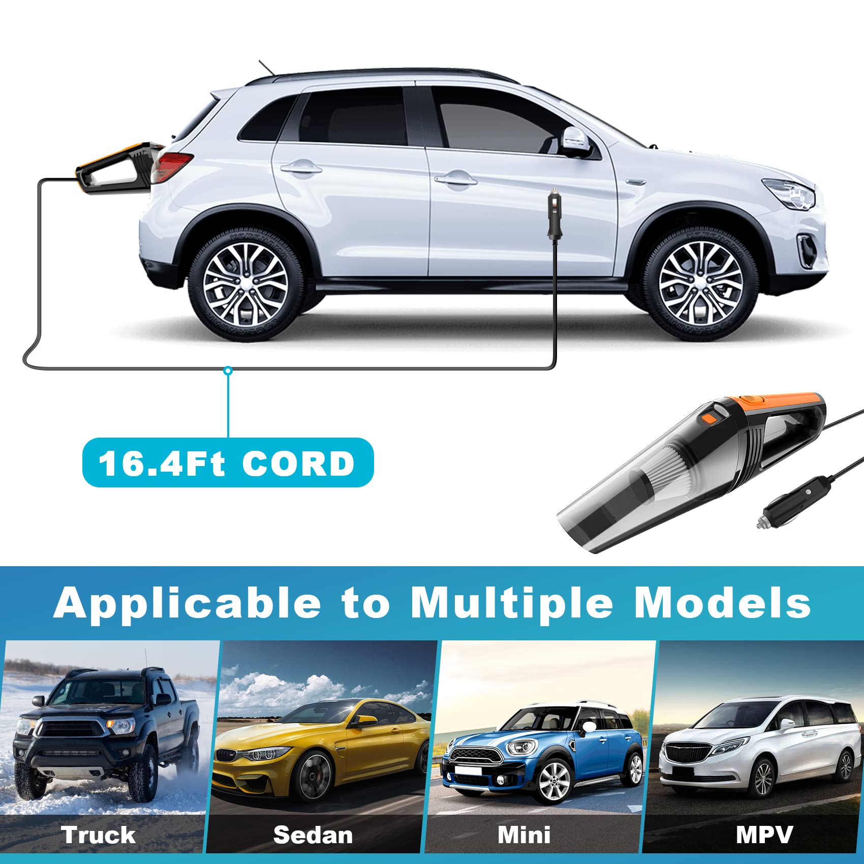 Fresmol Car Vacuum, Portable Car Vacuum Cleaner High Power 8000Pa, Small 12V Handheld Vacuum With Led Light,16.4Ft Corded, Deep