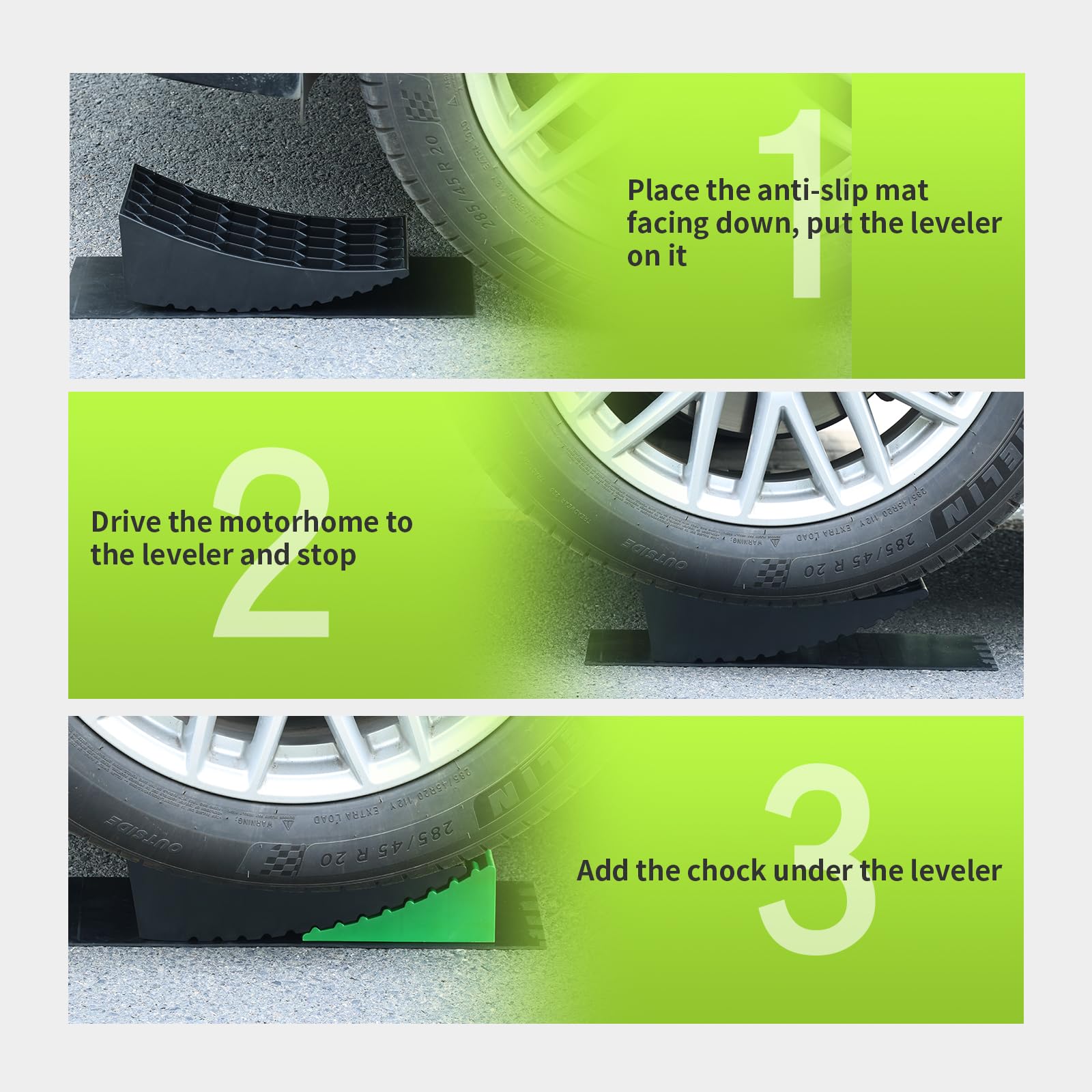 Rvmate Camper Levelers 8-Piece Kit Rv Leveling Blocks Camper Wheel Chocks Including Two Curved Levelers, Two Chocks, And Two Rub