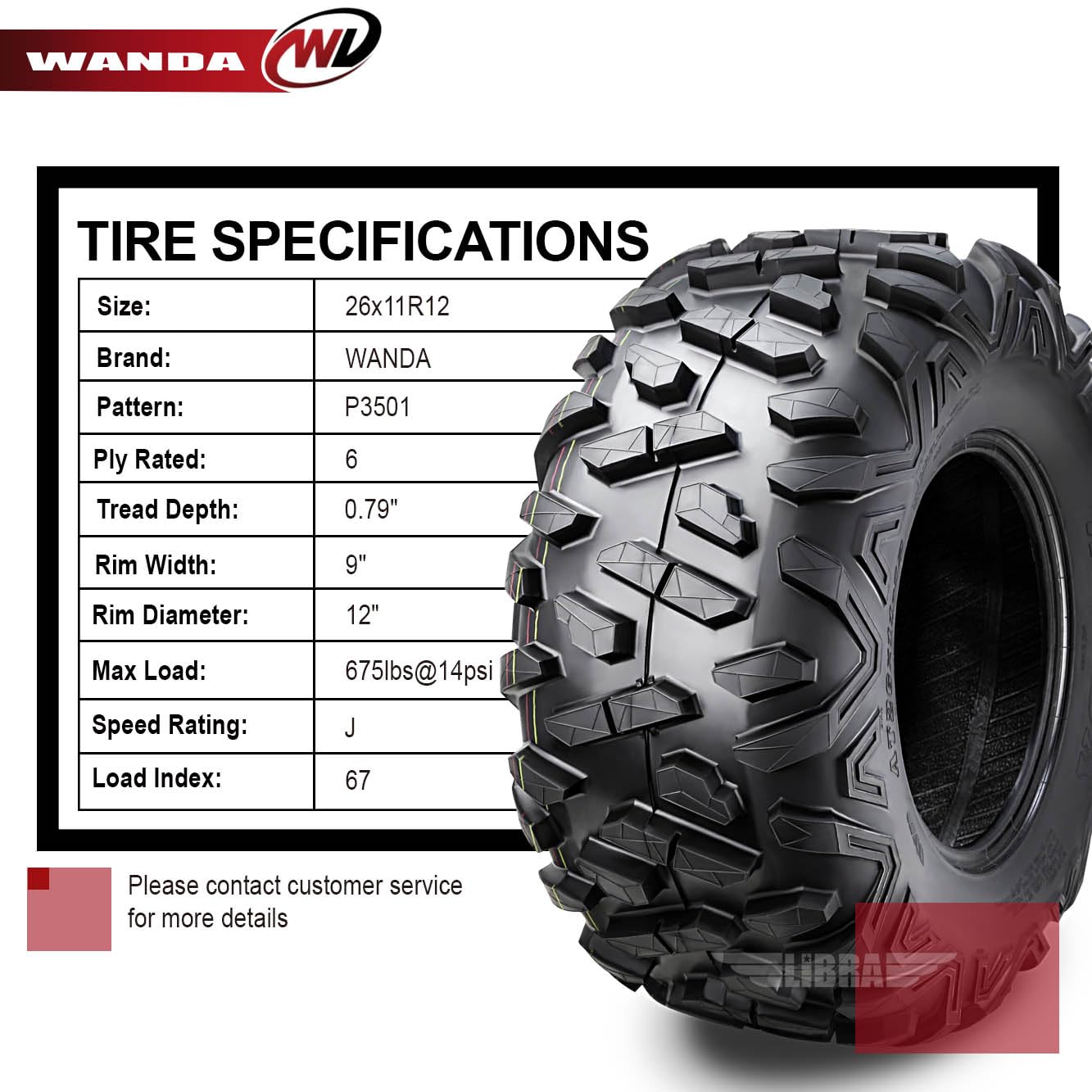 WANDA 2 Radial ATV/UTV Tires 26x11R12 6PR P3501-10400