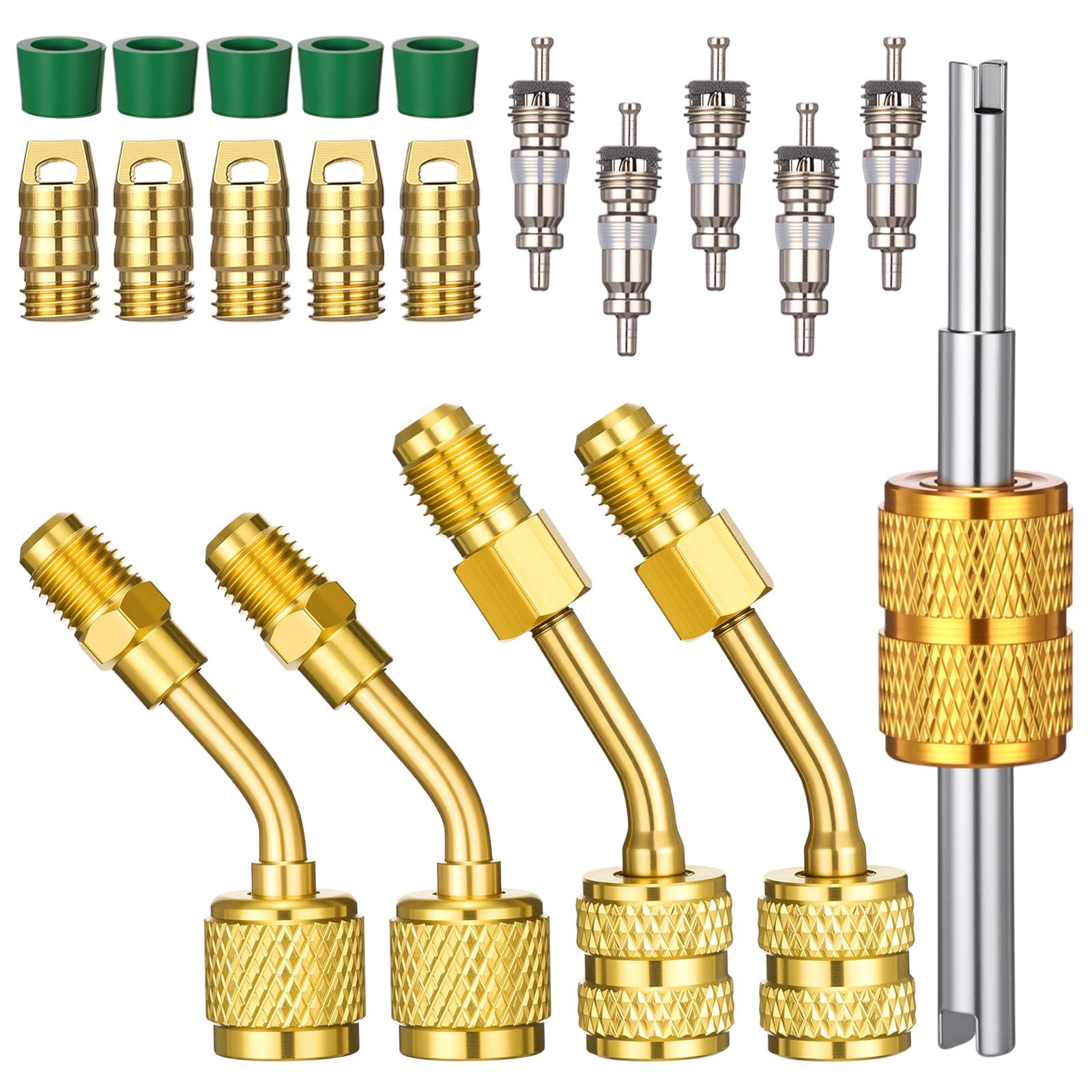 Mudder 20 Pcs R32 R454b R410A A2l Adapter Kit for Split, 1/4 to 1/4 Fitting Adapters, 5/16 to 1/4 45 Degree Adapter with Valve C