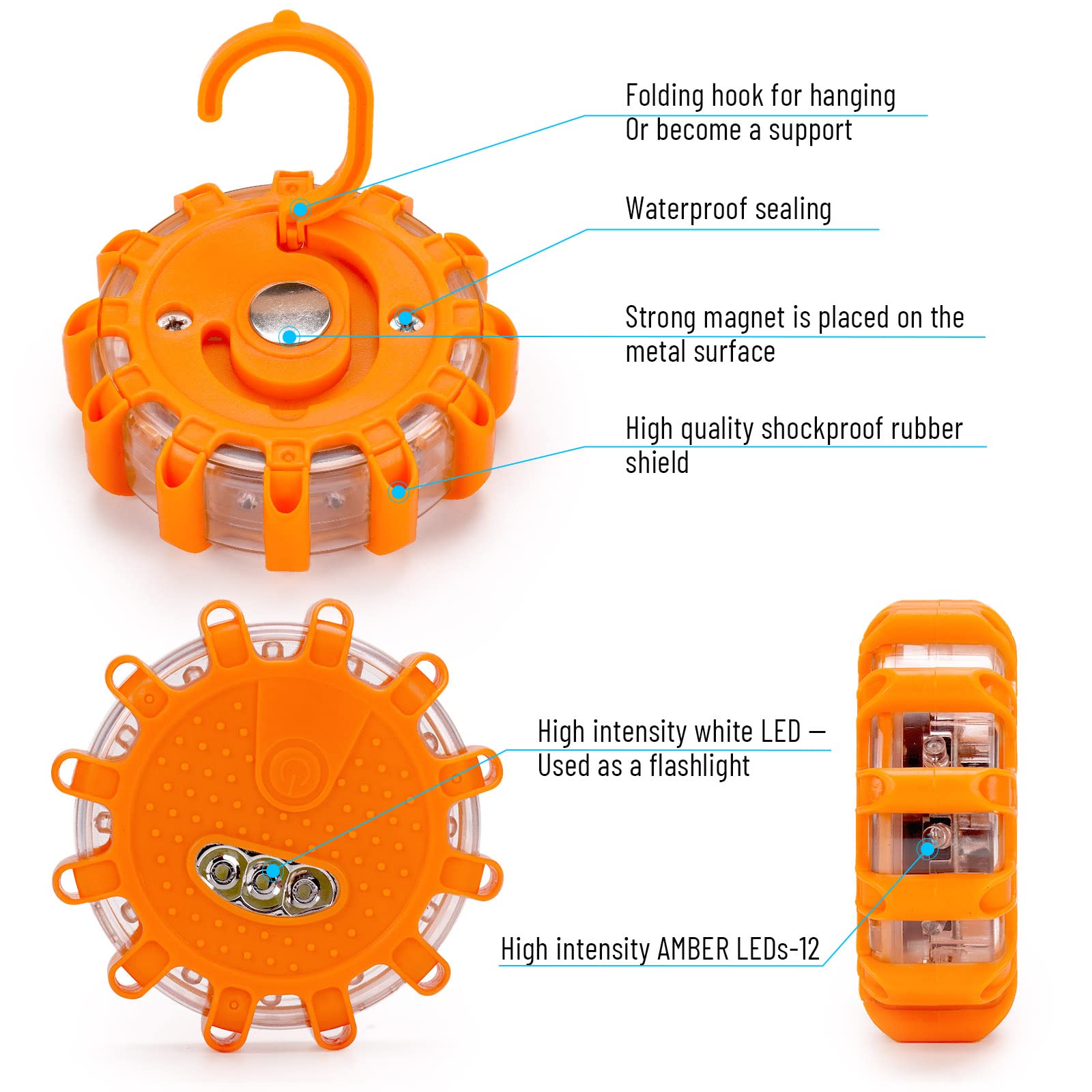 Heigpan Gp903 Led Road Flares Safety Flashing Warning Lights, Magnetic Base Hook Carrying Bag 9 Flash Modes, For Car Truck Boat