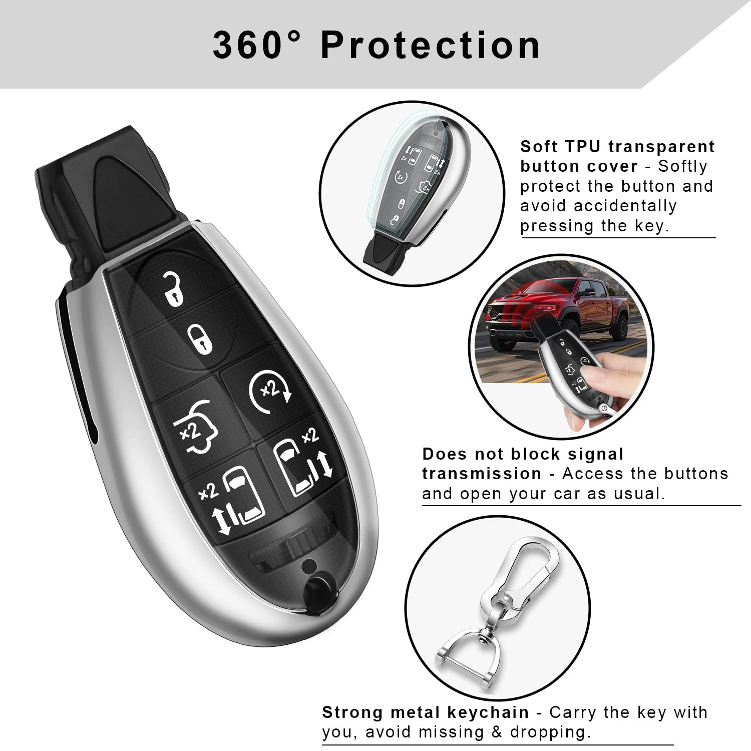 Qbuc For Dodge Key Fob Cover With Keychain Tpu Key Case Compatible With 2008-2018 Dodge Ram Jeep Chrysler Model Accessories (Silver)