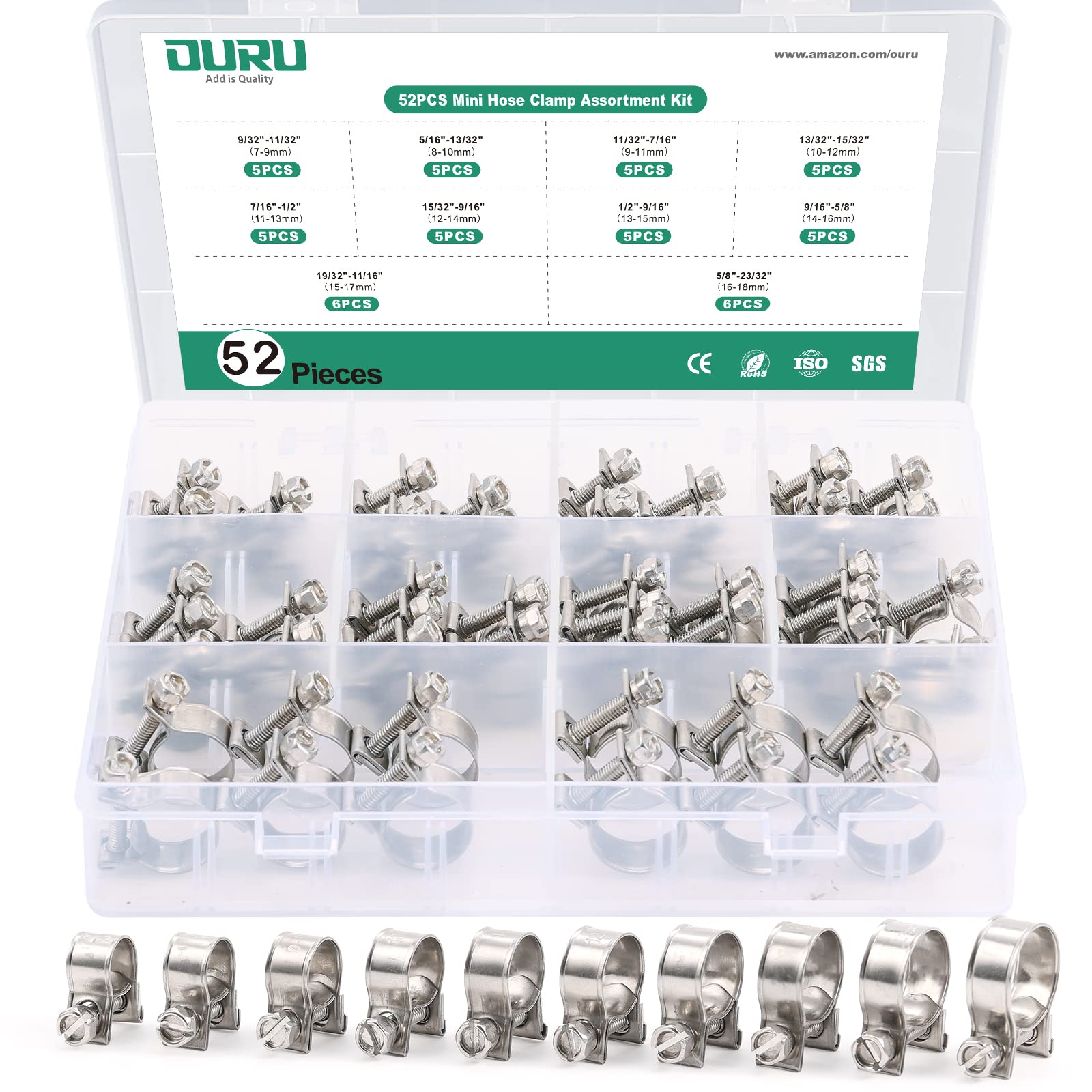 Ouru 52Pcs Fuel Line Clamp Assortment Kit 304 Stainless Steel,10 Sizes Adjustable 9/32'-23/32' Dia (7-18Mm) Mini Fuel Injection Gas Line Hose Clamps,Pipe Clamp For Automotive,Diesel Petrol Pipe
