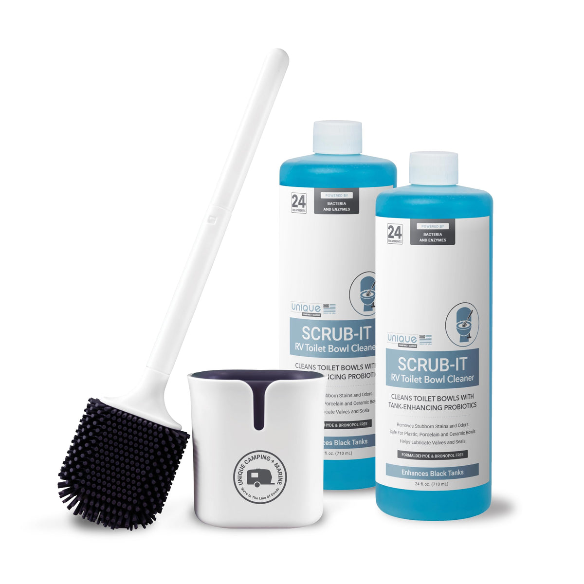 Unique Scrub-It - Rv Toilet Bowl Cleaner Liquid And Compact Rv Toilet Bowl Brush Combo Pack. Wall Mounted No-Drip Holder, Compac