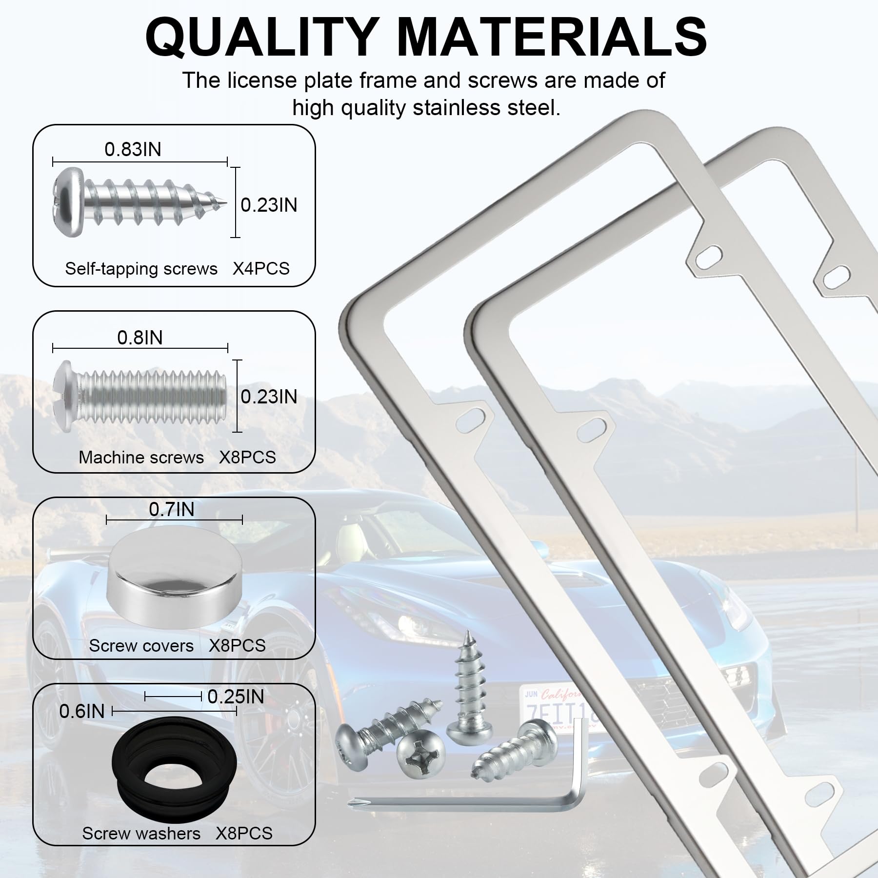 Livtee Chrome License Plate Frames, 4 Holes Stainless Steel License Plate Covers, 2Pcs Car License Plate Holder, Automotive Acce
