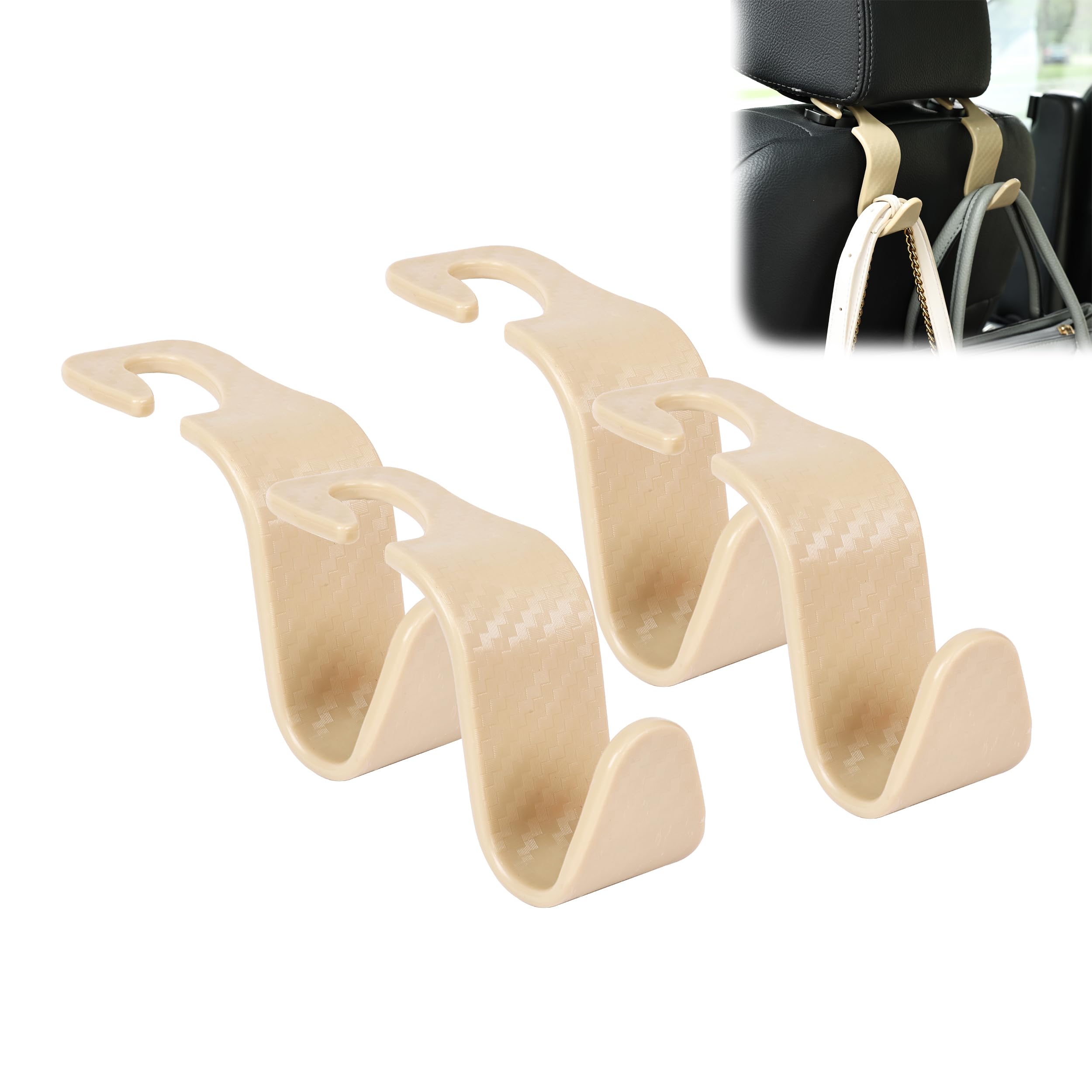 Amooca Car Seat Headrest Hook 4 Pack Hanger Universal Vehicle Car Storage Organizer For Handbag Purse Coat S Type Checkered Beig