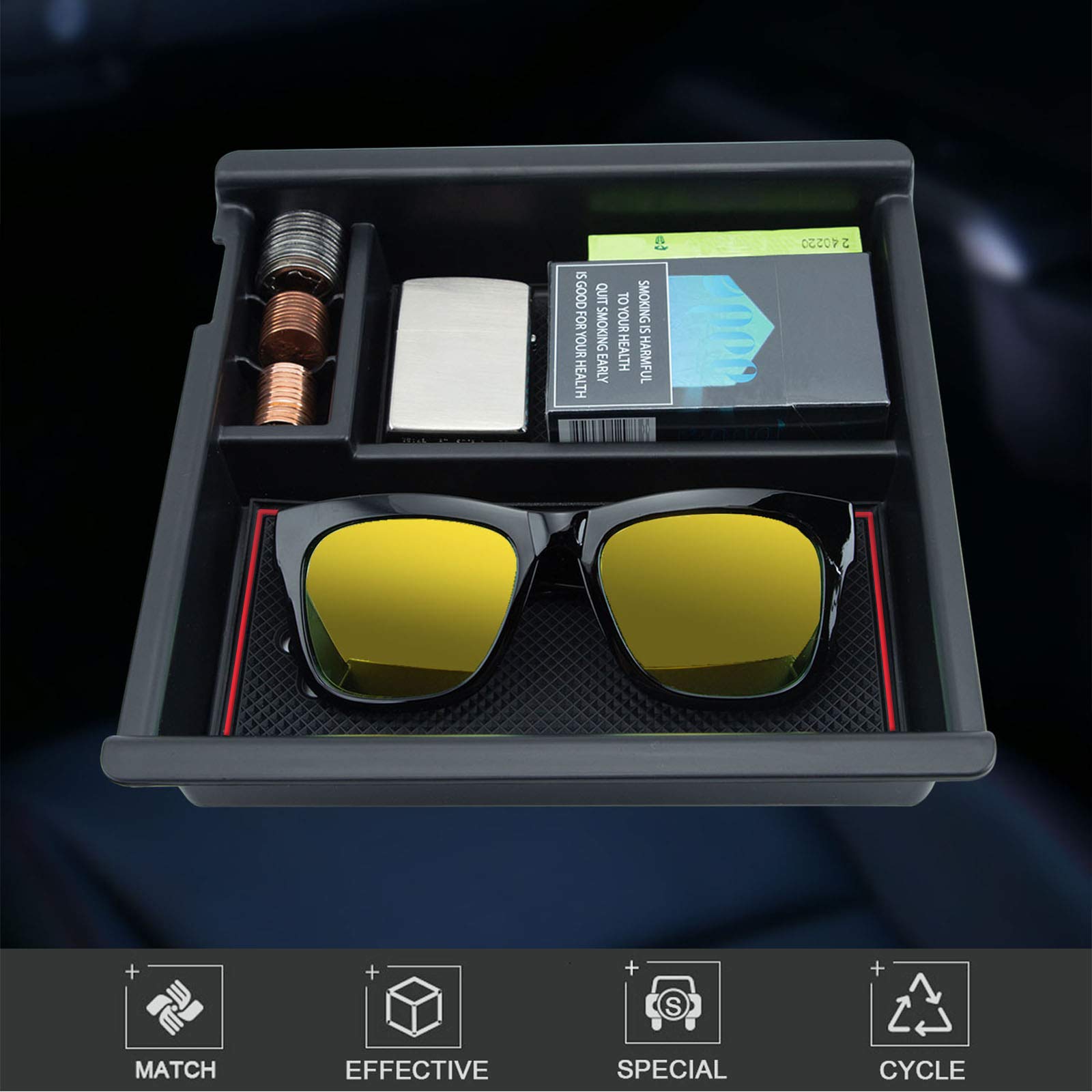 Jkcover Center Console Accessory Organizer Compatible With Toyota Tacoma 2016 2017 2018 2019 2020 2021 2022 2023, Abs Material Armrest Box Insert Tray (Red Trim)