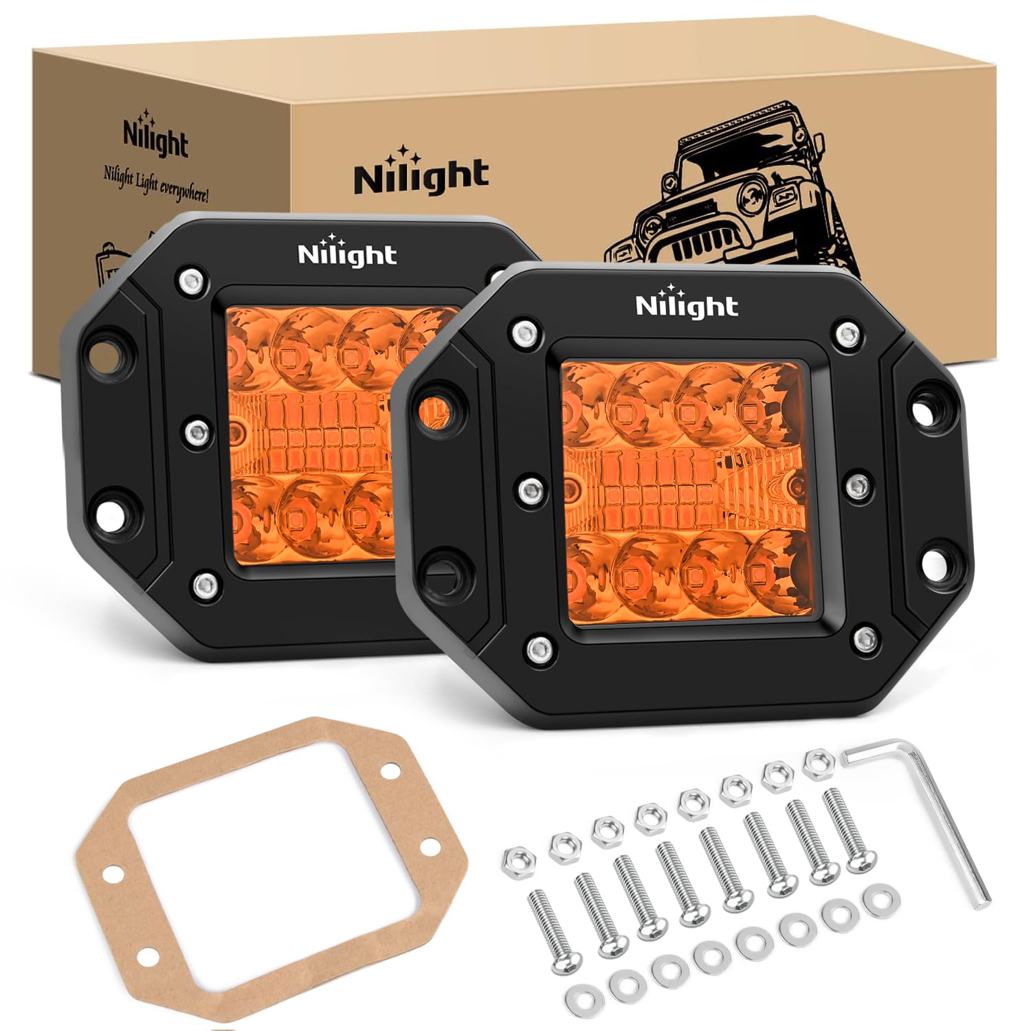 Nilight Flush Mount Led Light Pods 2 Pcs 42 W Amber Upgraded Spot Flood Combo Driving Fog Off Road Bumper Work Lighting For Truc