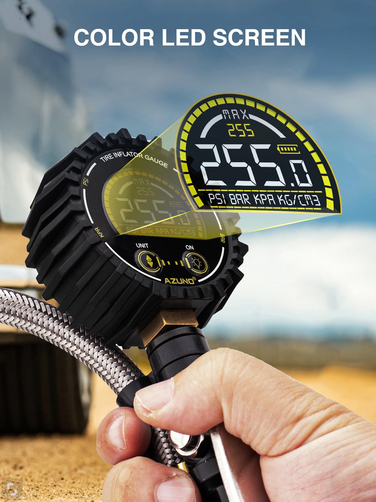 Azuno Tire Pressure Gauge, 255Psi Digital Tire Inflator Gauge Air Chuck Air Compressor Attachments, With Steel Braided Hose, Qui
