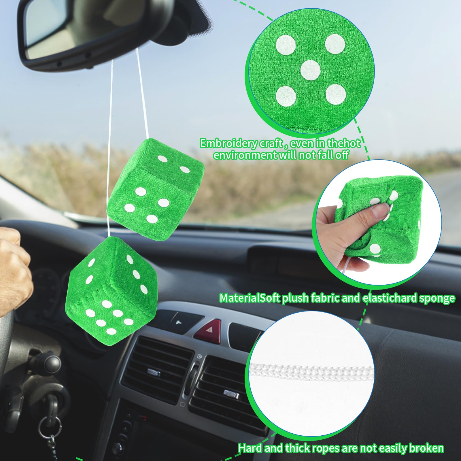 Fuzzy Dice For Rear View Mirror, Green Fuzzy Dice For Car Mirror, 2.75Inch Pair Of Plush Retro Square Hanging Dice With White Do