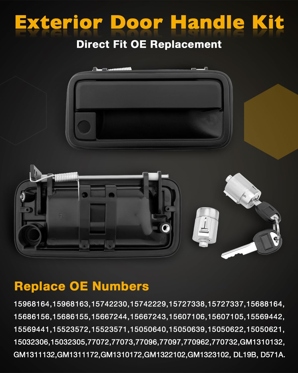 Exterior Door Handles Metal Lever, w/ Lock Cylinders & Keys, Compatible with 1988-2001 Chevy K1500 K2500 K3500 C1500 C2500 C3500
