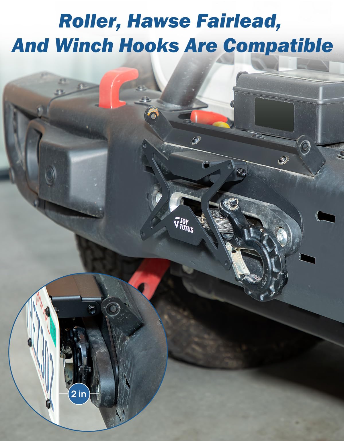 JOYTUTUS Universal Flip-Up License Plate Mount for 10 Hawse Fairlead - Black License Plate Holder for Pickup, Off-Road, RV Bumpers