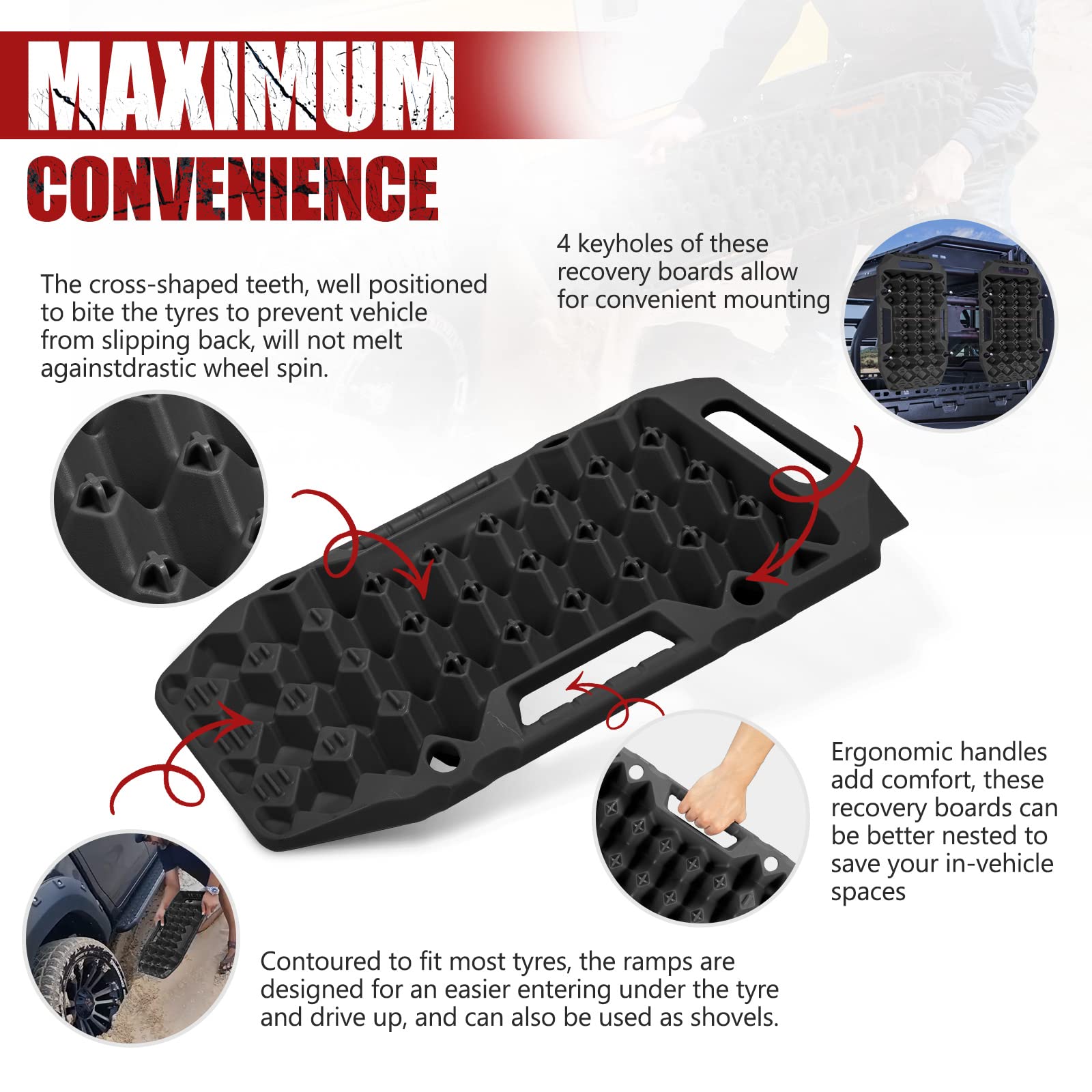 Bunker Indust Offroad Traction Boards With Jack Base,Pair Multifunctional Recovery Tracks Tire Traction Mat Snow Mud Sand Ramp-B