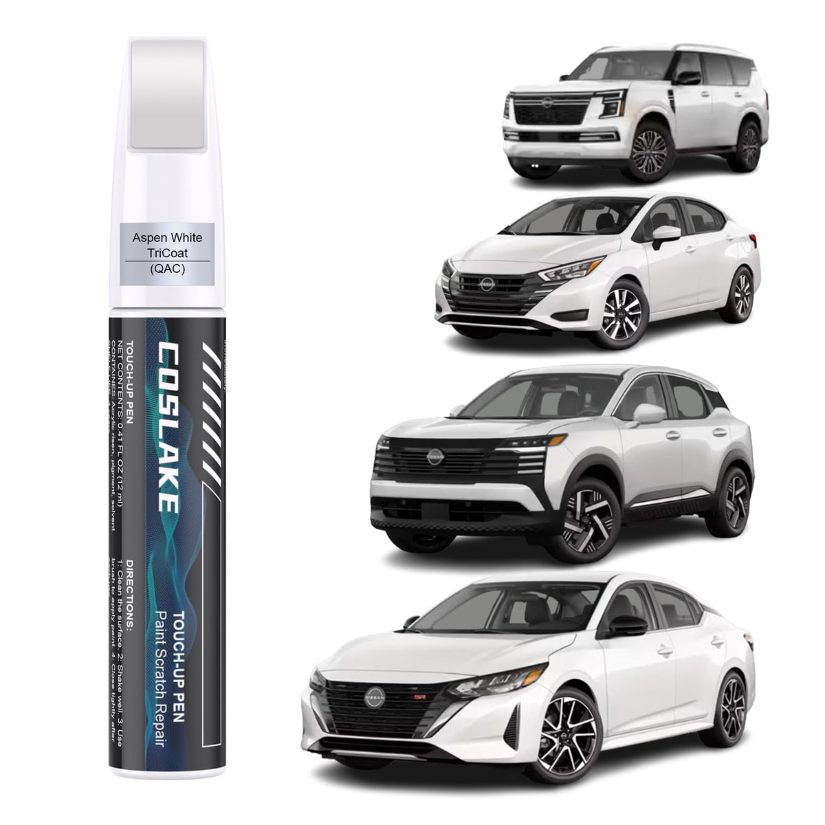 COSLAKE Car Touch Up Paint(Aspen White TriCoat(QAC)) for Nissan, Car Paint Scratch Repair Kit, Quick & Easy Solution to Repair, 