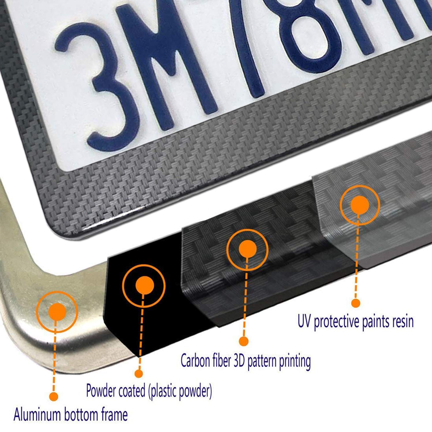 Youoy Carbon Fiber License Plate Frame- Black Aluminum Auto Car Tag Cover, 2 Pack Heavy Duty Holder For Us Front Rear Plate, Wit
