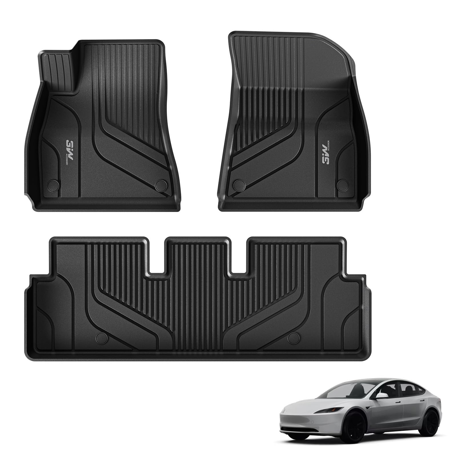 3W Floor Mats Fit for 2021-2023 Tesla Model 3, TPE All Weather Custom Fit Floor Liner 1st and 2nd Row Full Set Car Liners, Black