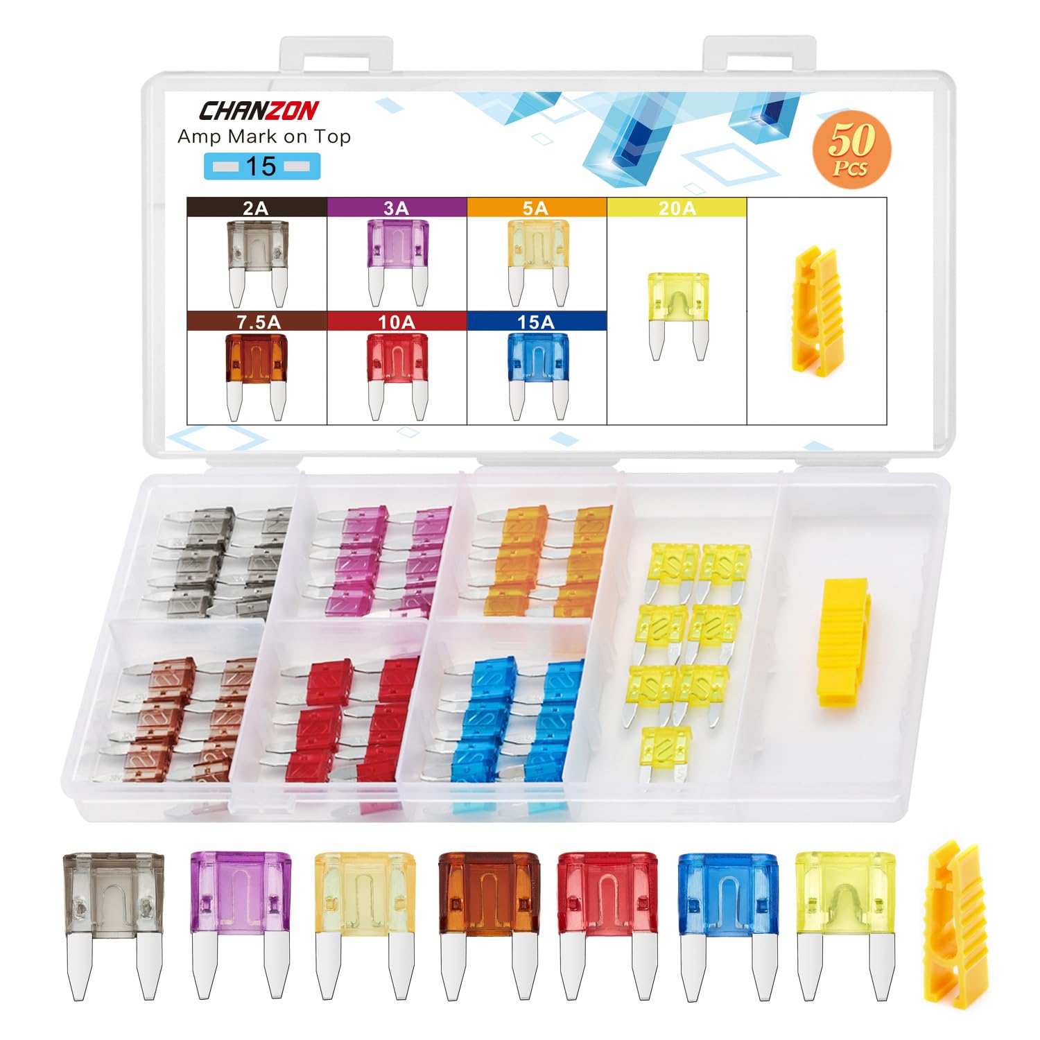 Chanzon Ul Listed Atm Apm Mini Blade Fuse Assorted (2A 3A 5A 7.5A 10A 15A 20A) For Car Truck Rv Automotive Motor Boat 50Pcs