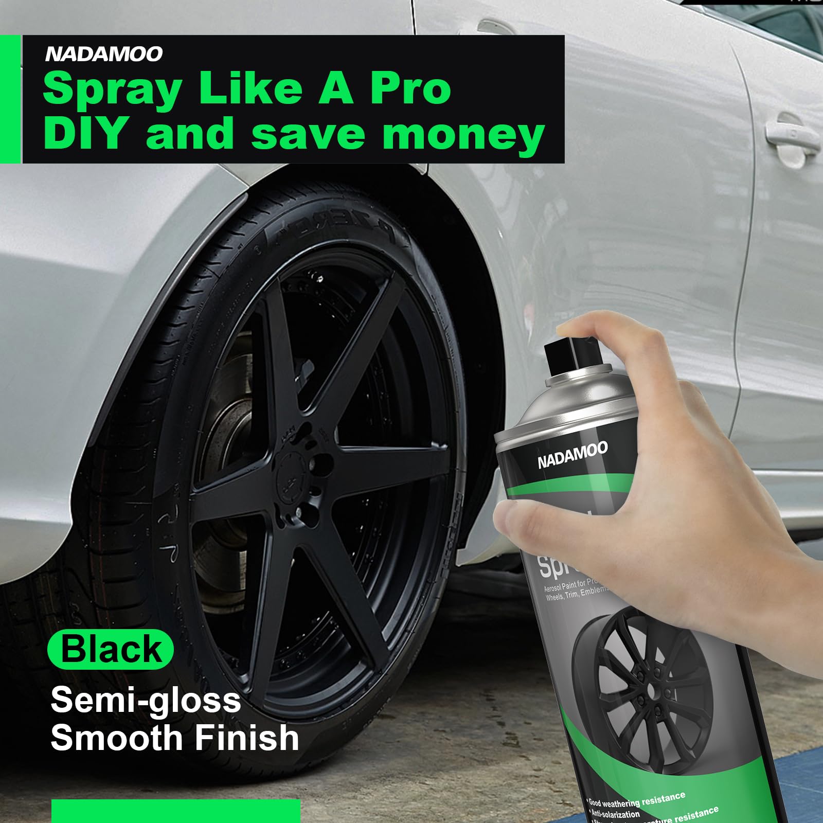 Nadamoo Aluminum Wheel Spray Paint, Car Rim Aerosol Paint For Recolor And Protection Of Metal Surface, Semi-Gloss Black, 1 Can,