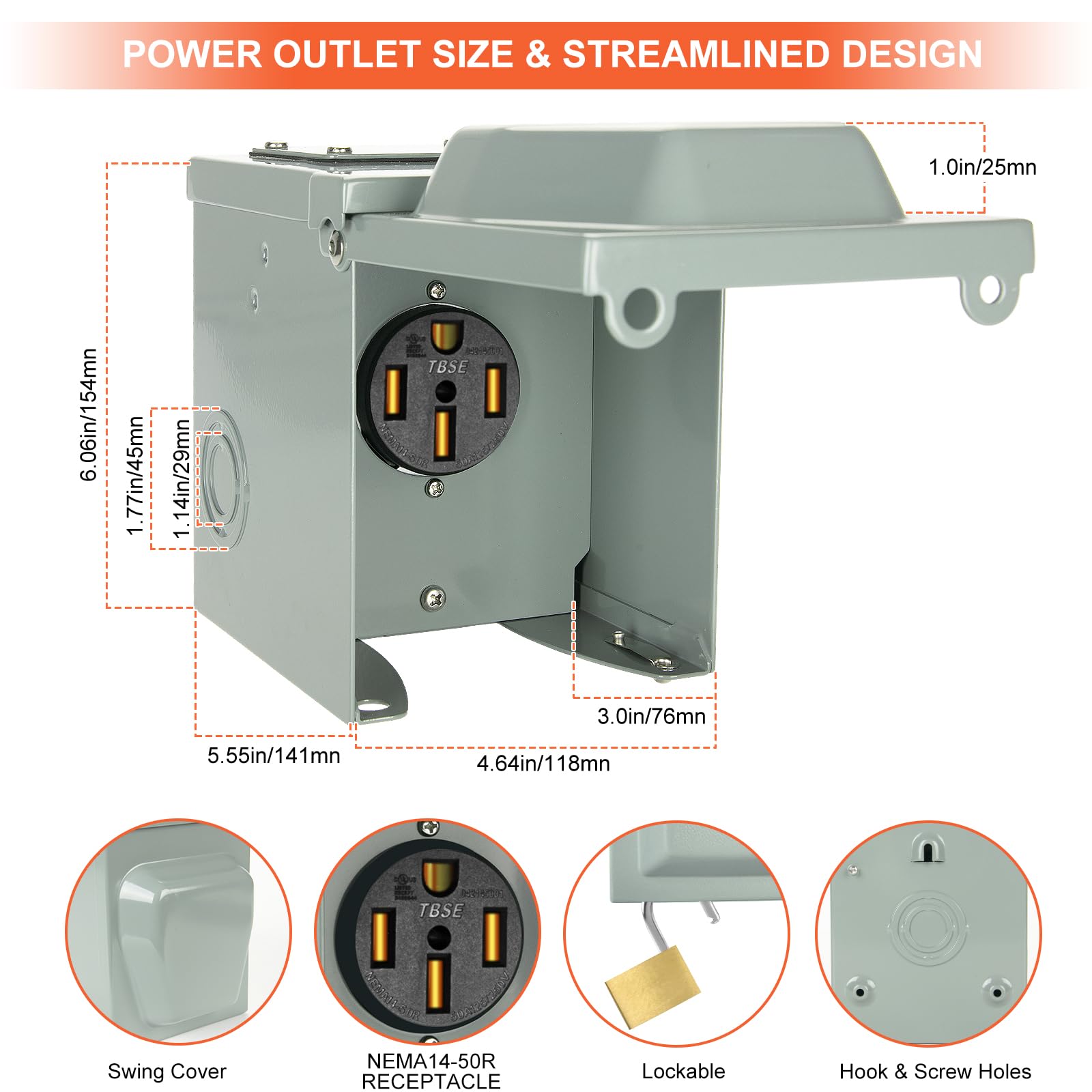 Welluck Rv Power Outlet Box | 50A 125/250V, Nema 14-50R Receptacle | Enclosed & Lockable | Weatherproof Plug For Travel Trailer,