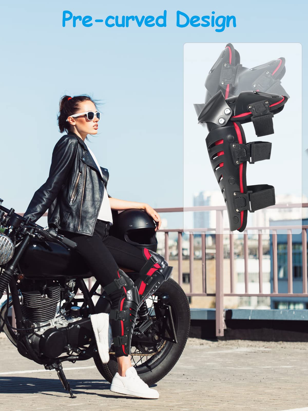 Ridbiker Movable Knee Shin Guard Pads 3 Sections Adjustable Breathable Knee Pads Protector Armor For Motorcycle Cycling Racing Long Leg Sleeve Gear Crashproof 1 Pair (Lengthen, Red)